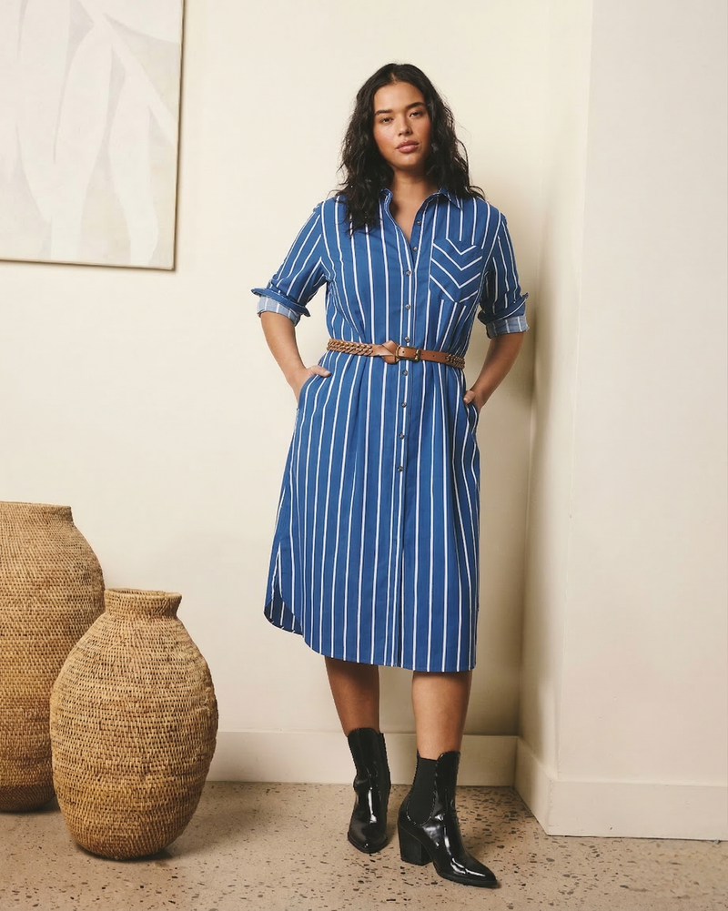 Odeon Stretch Poplin Shirtdress - Ensign Blue/White Stripe