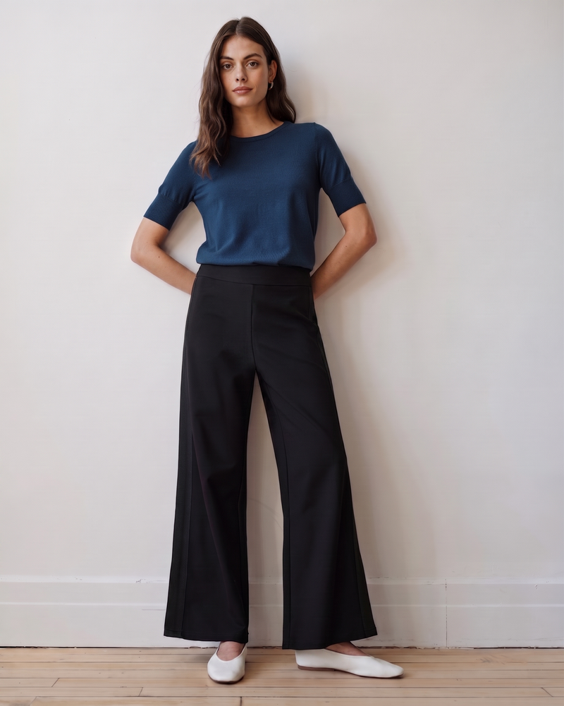 Stephanie Wide Leg Stripe Ponte Pants 30 Inch - Black with Black Stripe | Plus Size & Straight Size Women's Fashion | Universal Standard