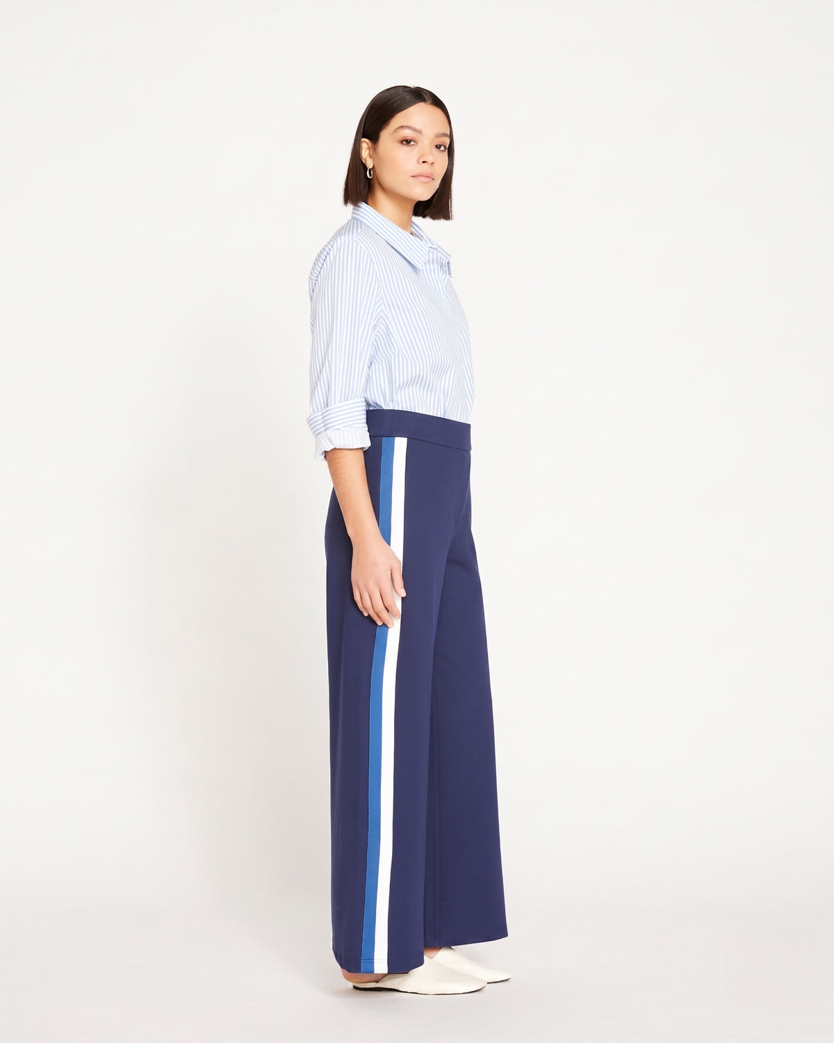Stephanie Wide Leg Stripe Ponte Pants 30 Inch - Navy with Blue/White Stripe | Plus Size & Straight Size Women's Fashion | Universal Standard