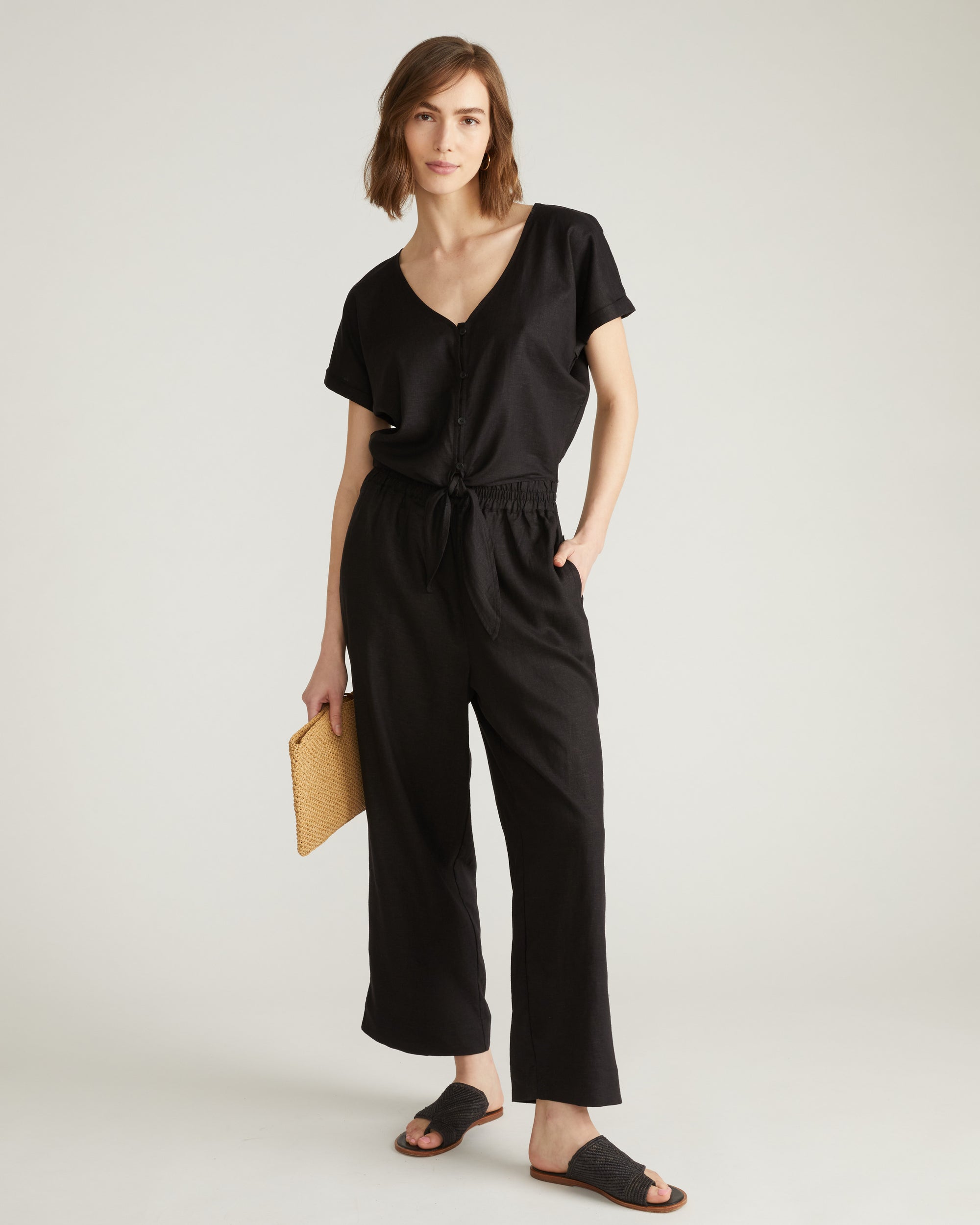 Tropez Tied Linen Crop Top - Black