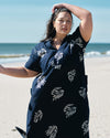 Padma Polo Neck Linen Dress - Beachgrass Print in Navy