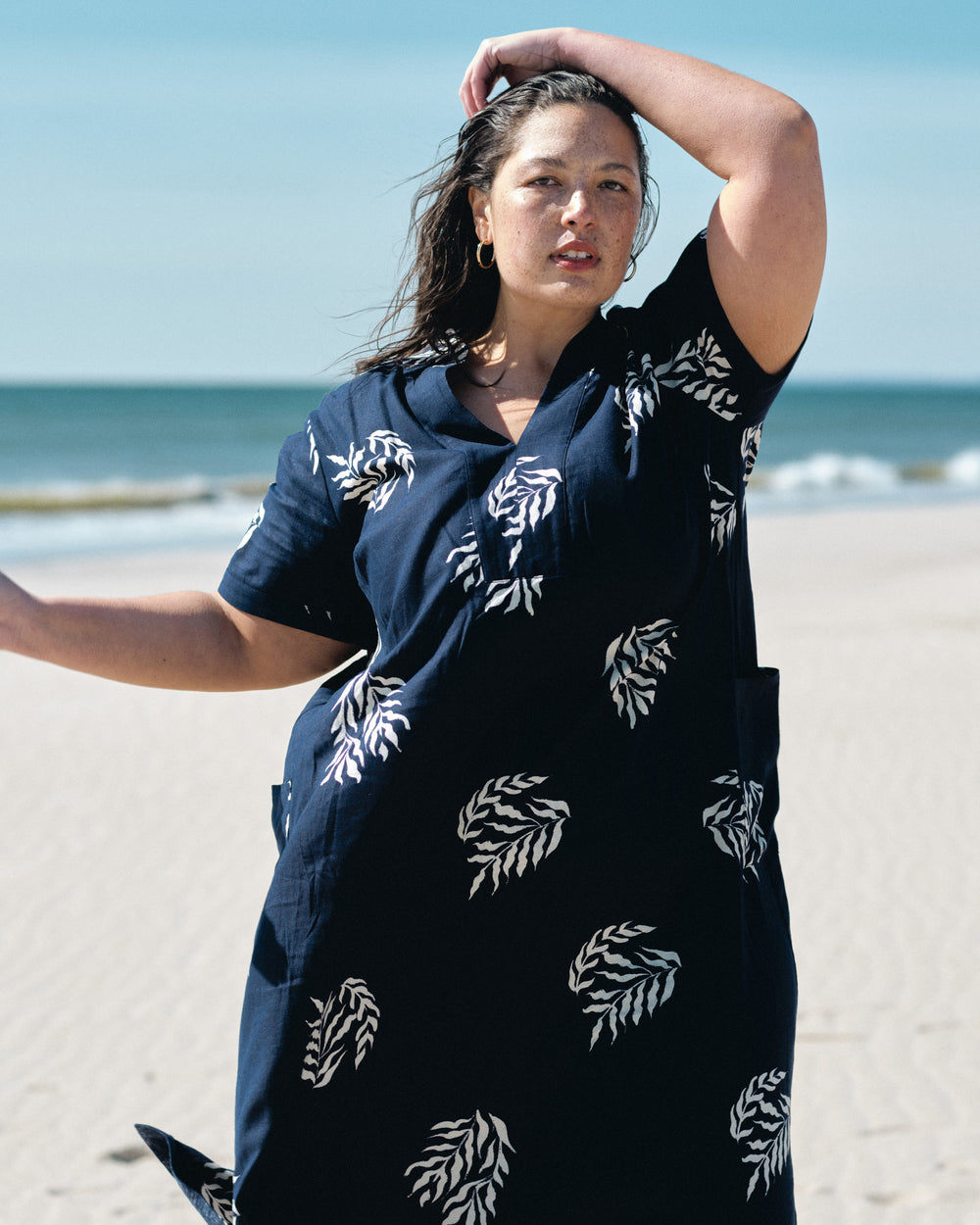 Padma Polo Neck Linen Dress - Beachgrass Print in Navy