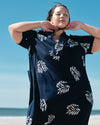 Padma Polo Neck Linen Dress - Beachgrass Print in Navy