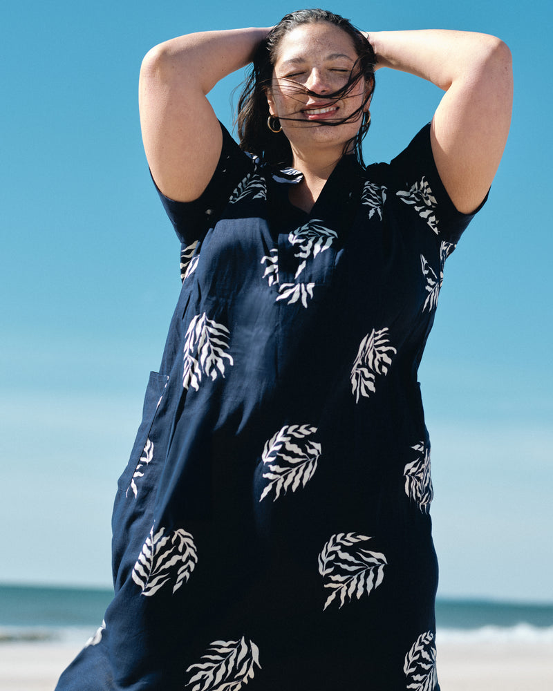 Padma Polo Neck Linen Dress - Beachgrass Print in Navy
