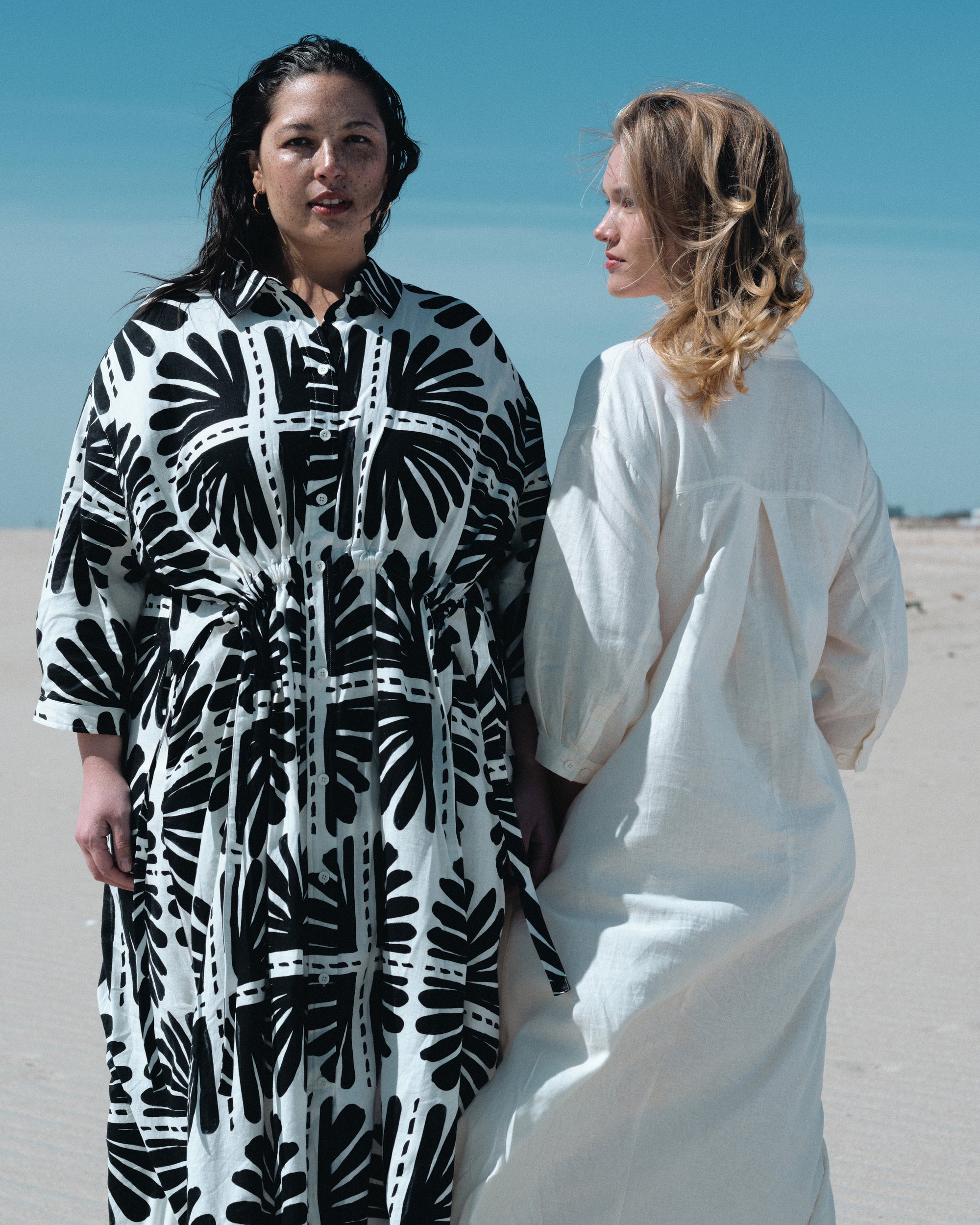 Woman wearing Paros Drawstring Linen Shirtdress - Ink Bloom Print from Universal Standard