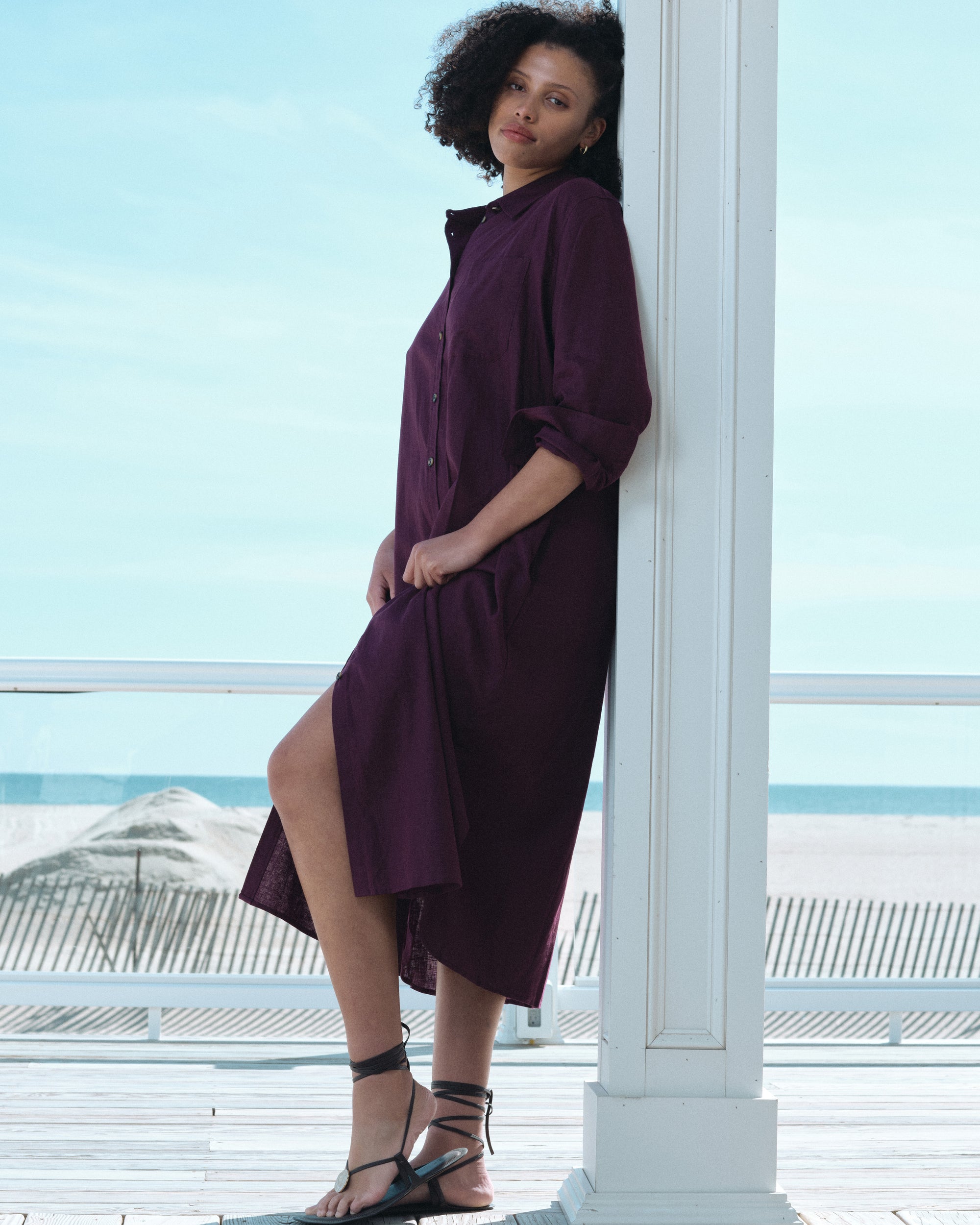 Woman wearing Odeon Linen Shirtdress - Acai from Universal Standard