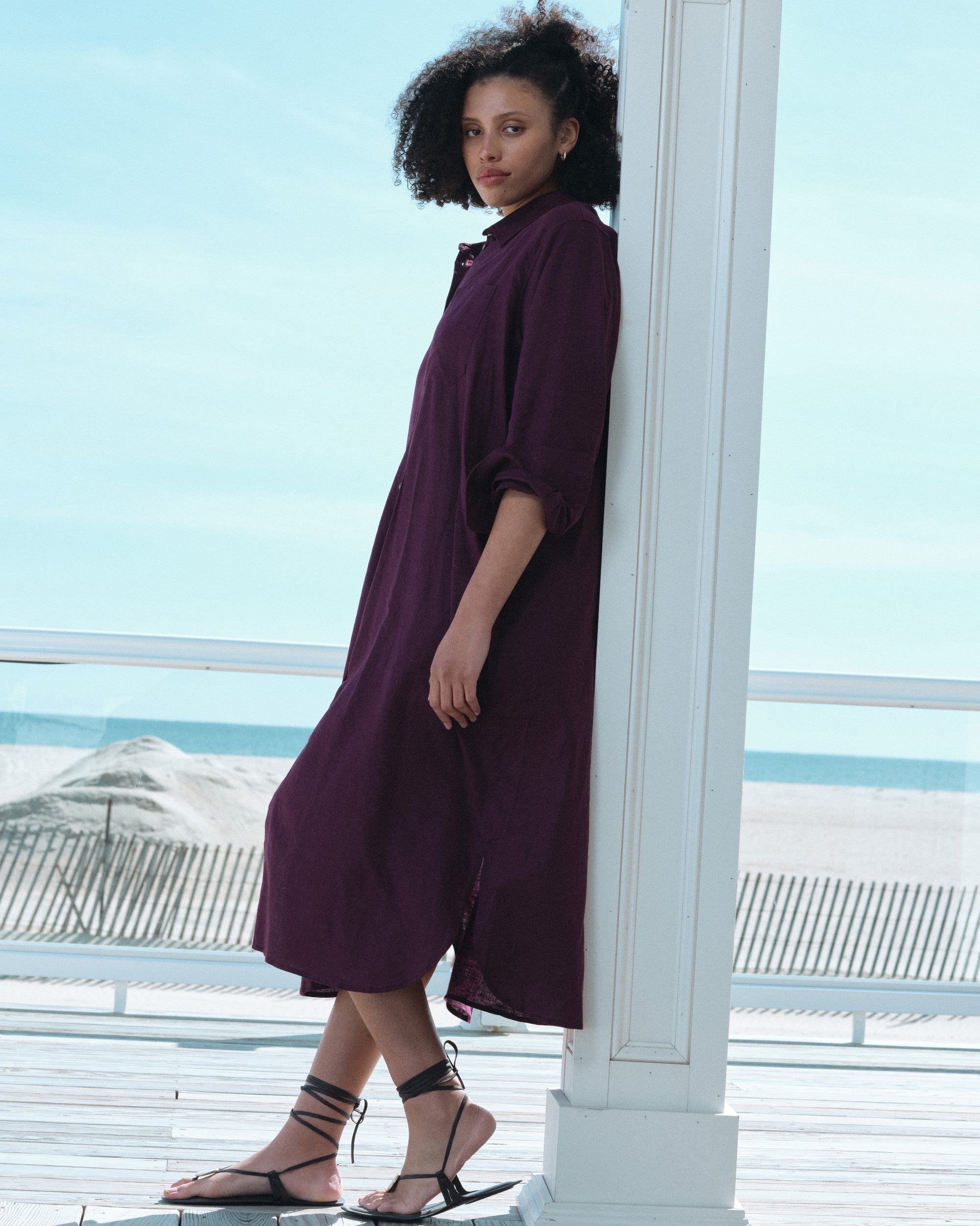 Woman wearing Odeon Linen Shirtdress - Acai from Universal Standard