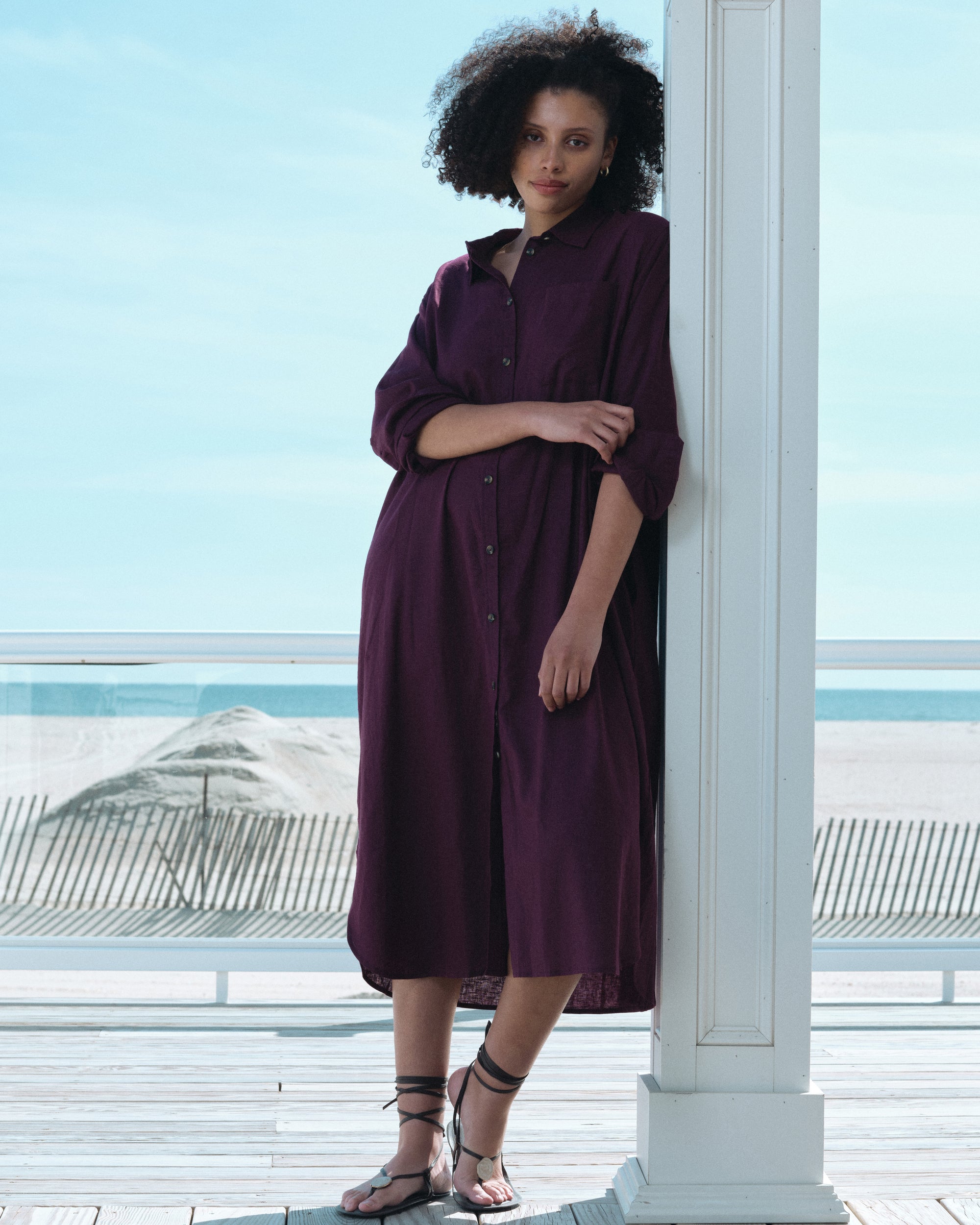 Woman wearing Odeon Linen Shirtdress - Acai from Universal Standard