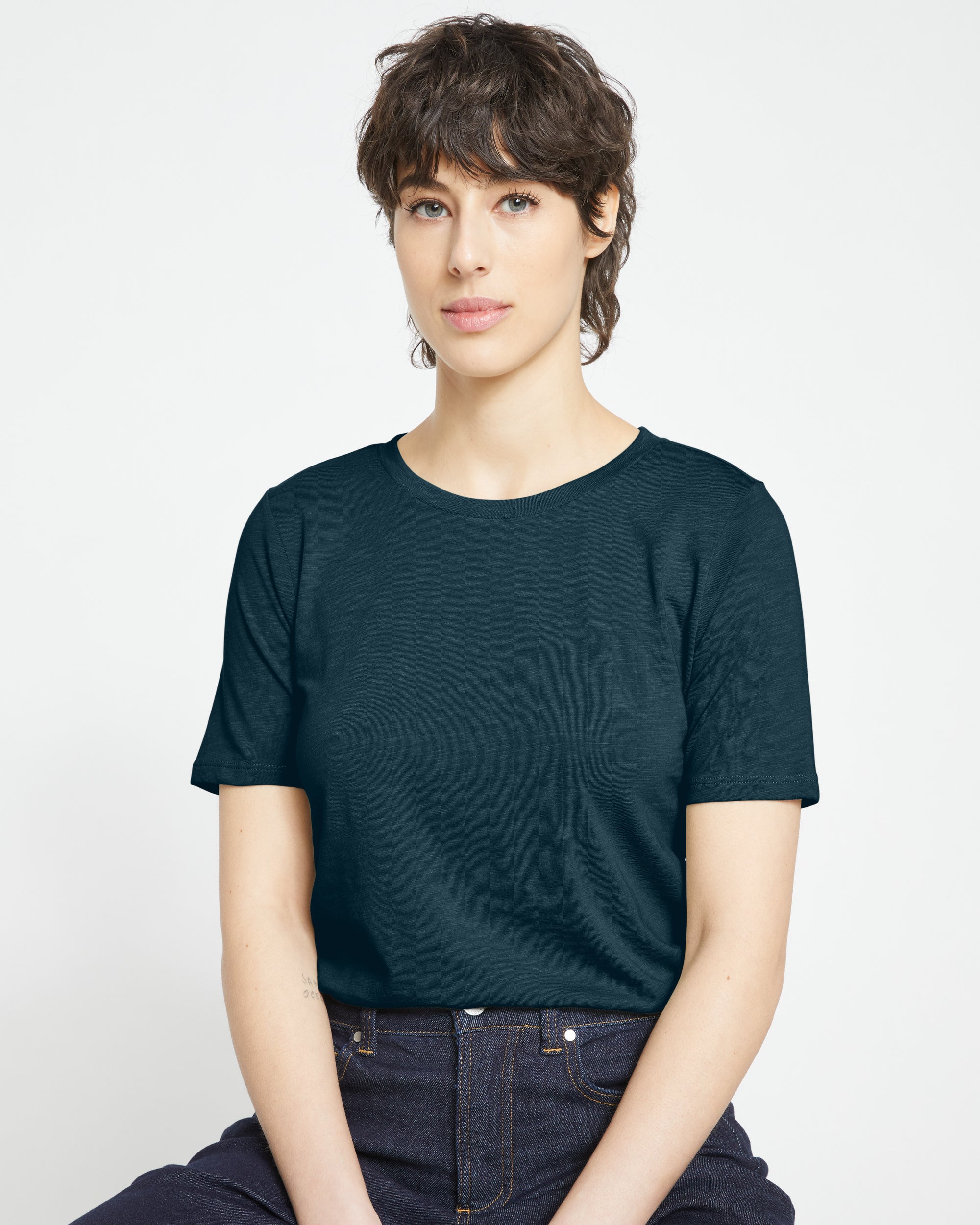 Woman wearing Light-As-Air Tee Rex - Deep Sea from Universal Standard