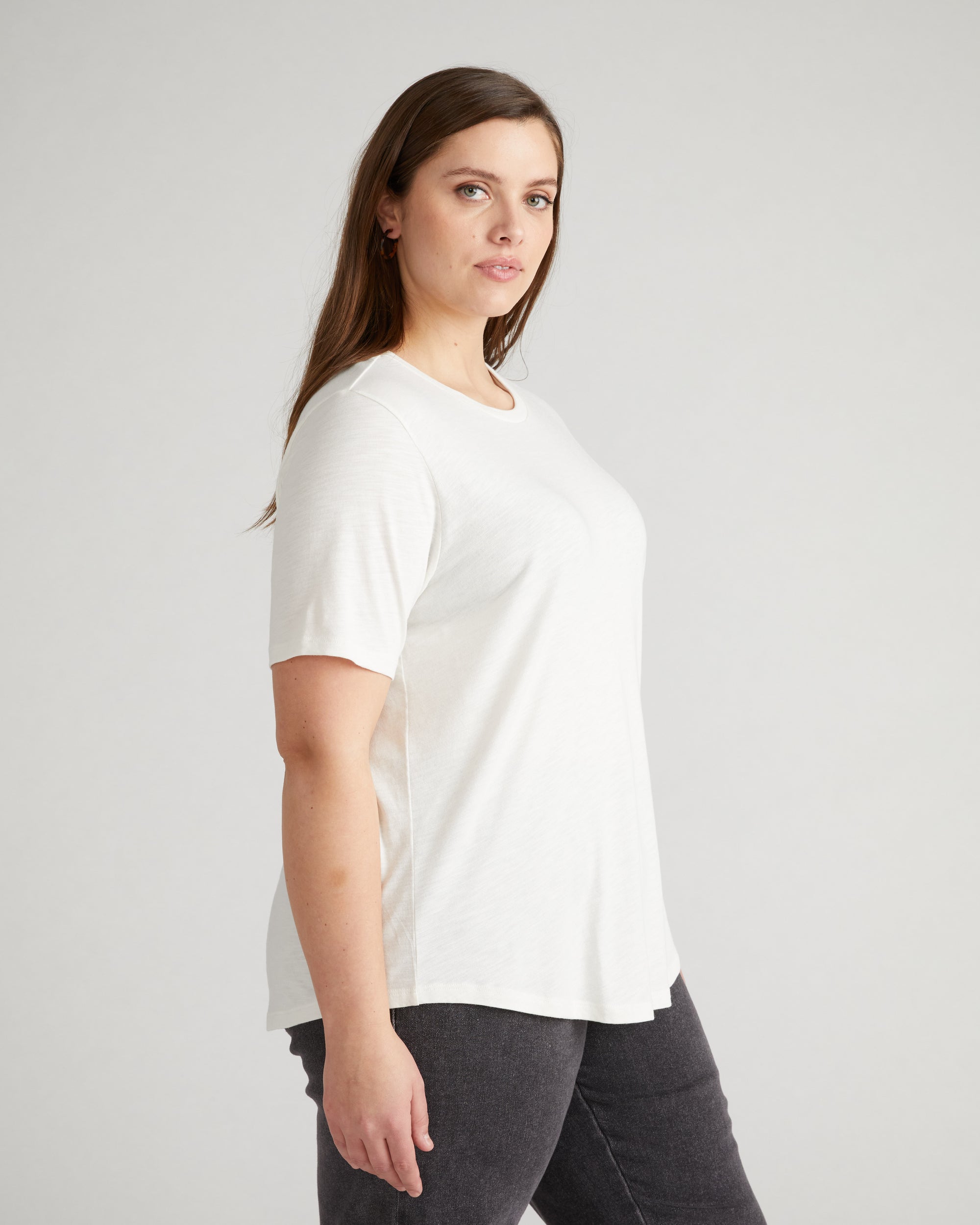 Woman wearing Light-As-Air Tee Rex - Vapor from Universal Standard