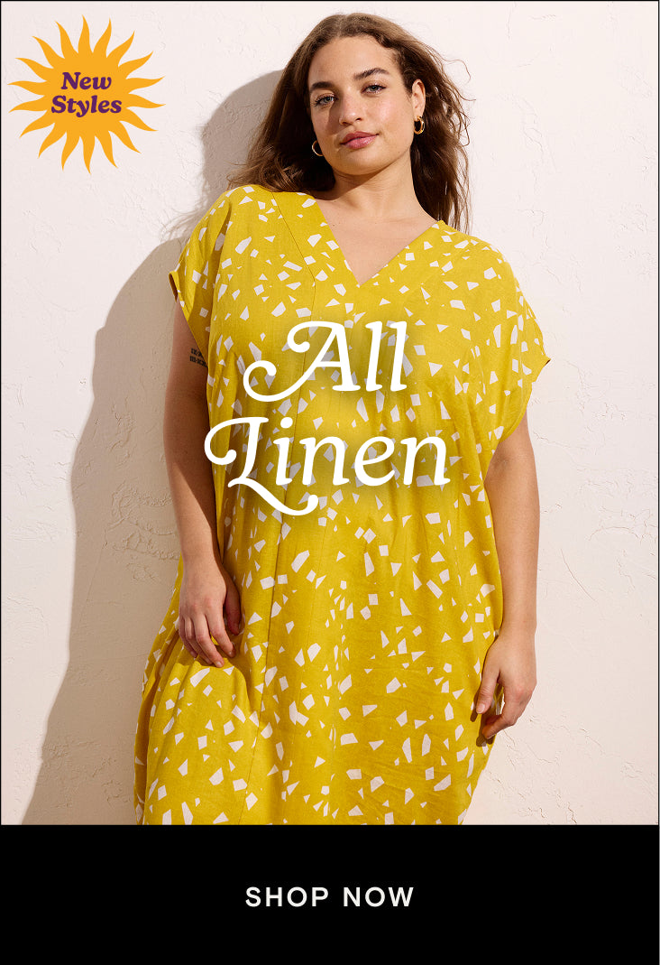 model wearing yellow dress with shop now button linking to all linen collection