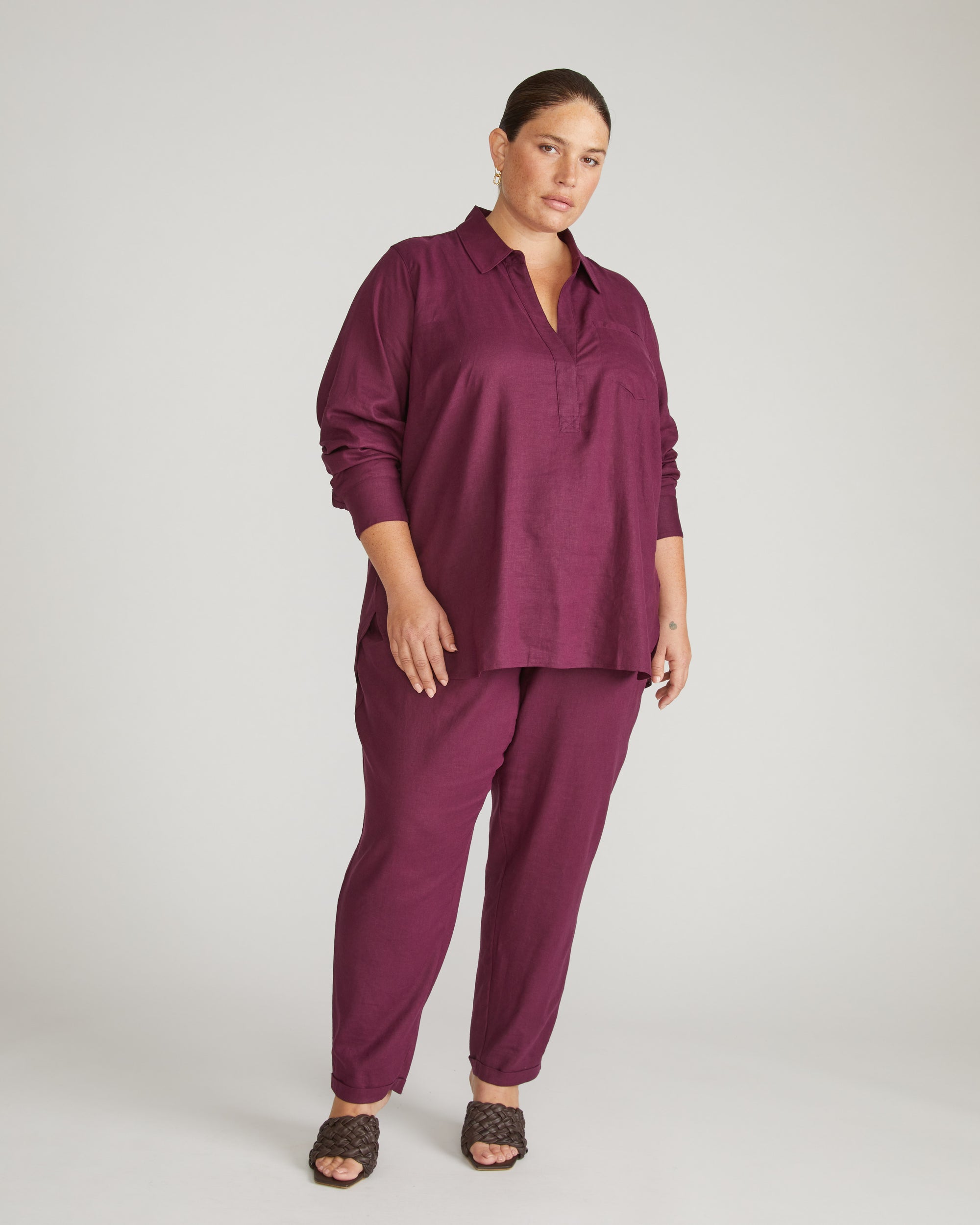 Button Back Linen Polo Shirt - Acai | Plus Size & Straight Size Women's Fashion | Universal Standard