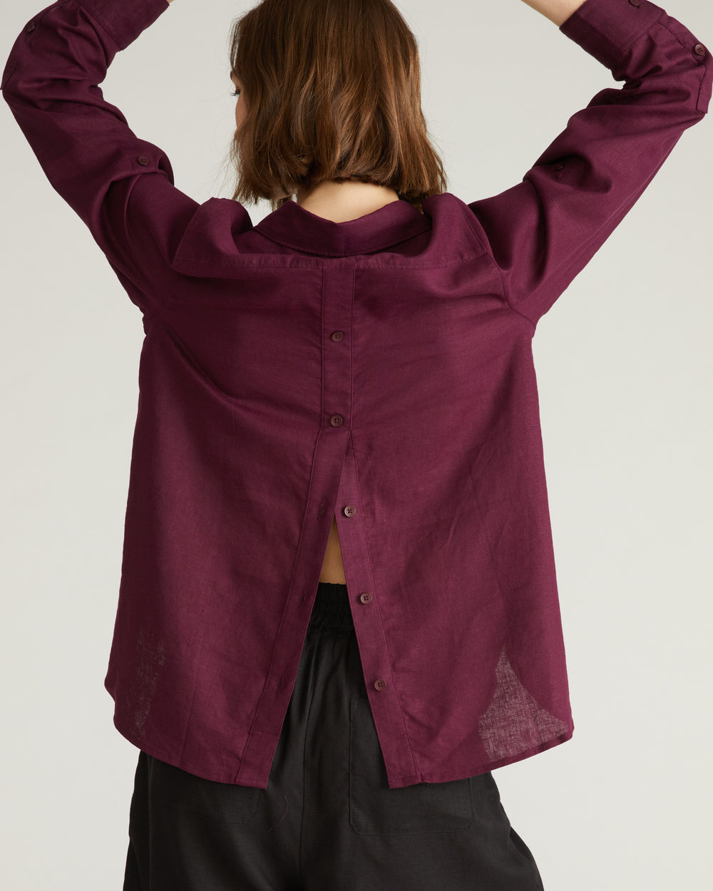 Button Back Linen Polo Shirt - Acai