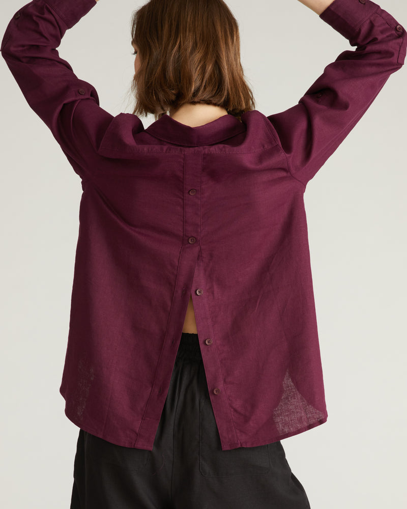 Button Back Linen Polo Shirt - Acai