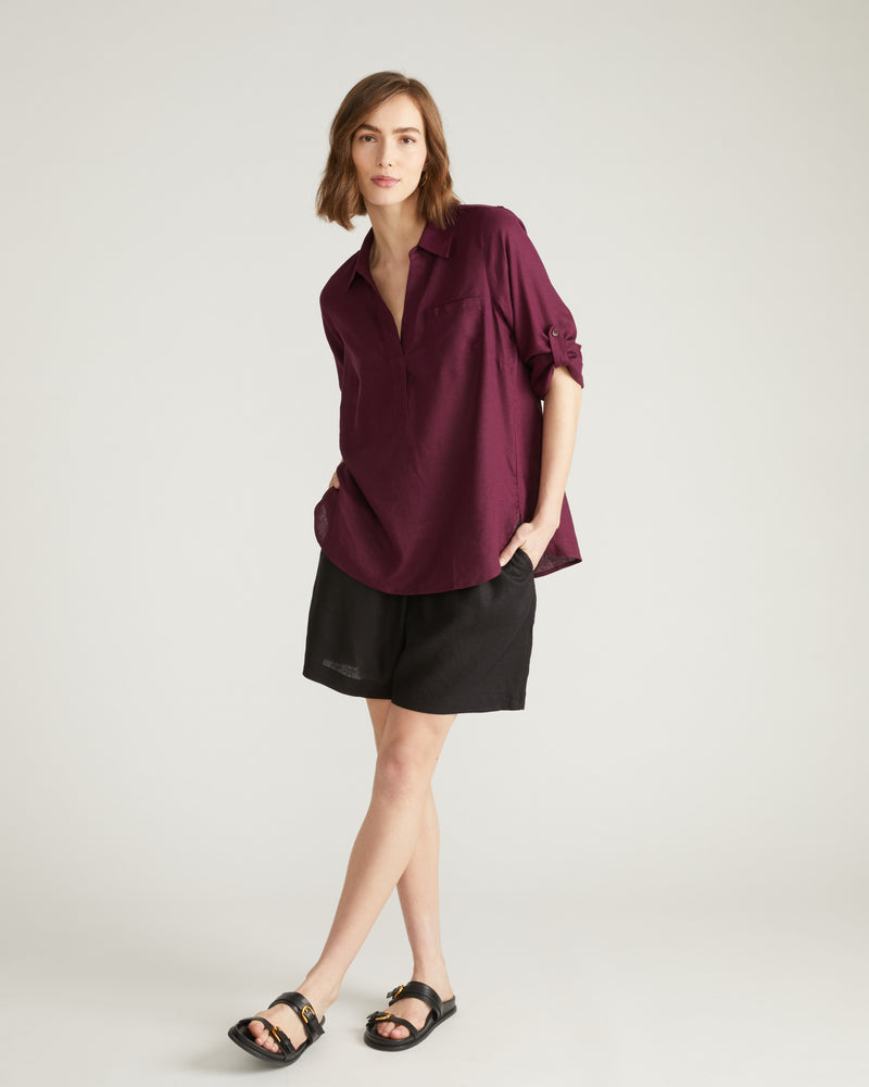 Button Back Linen Polo Shirt - Acai
