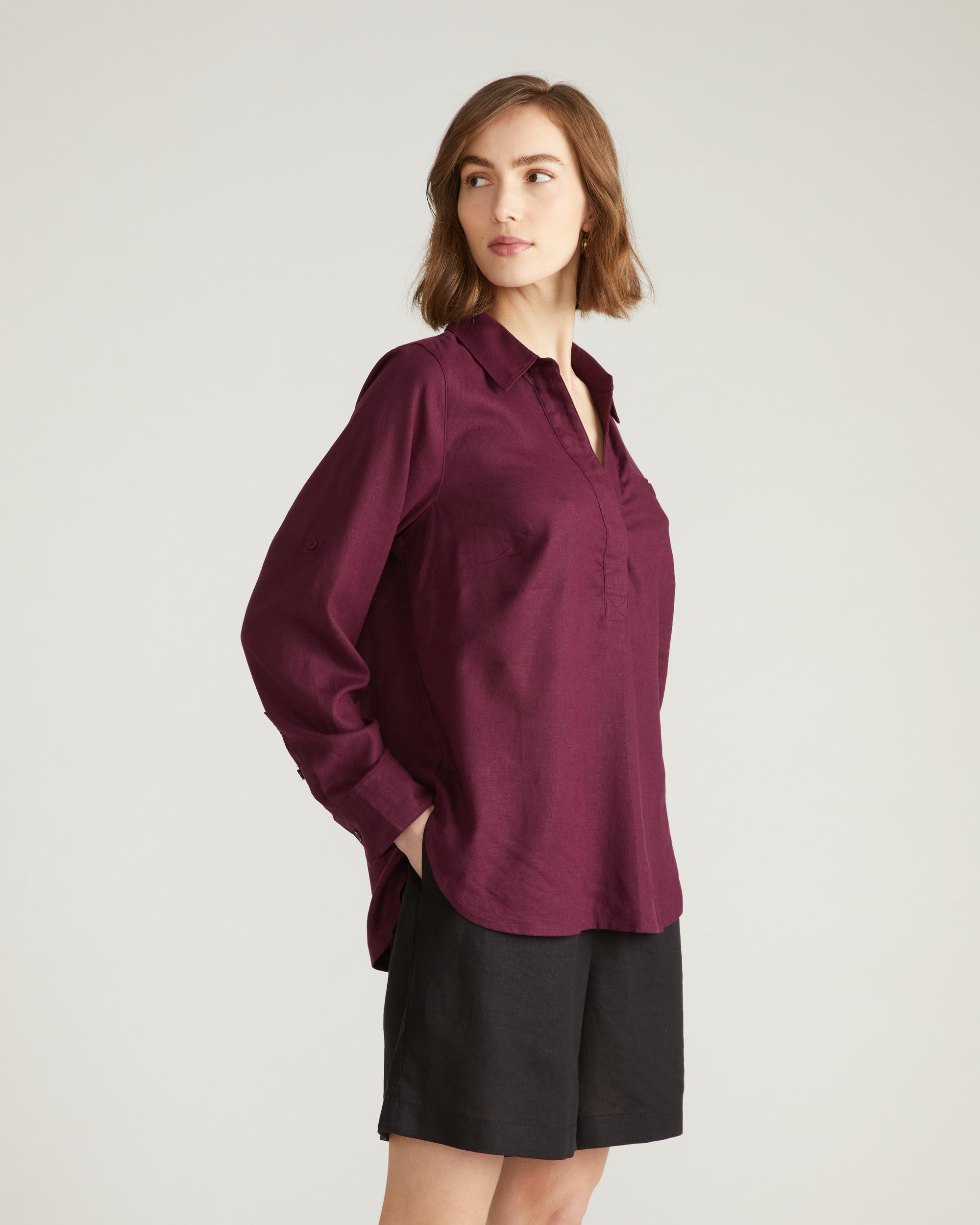 Button Back Linen Polo Shirt - Acai | Plus Size & Straight Size Women's Fashion | Universal Standard