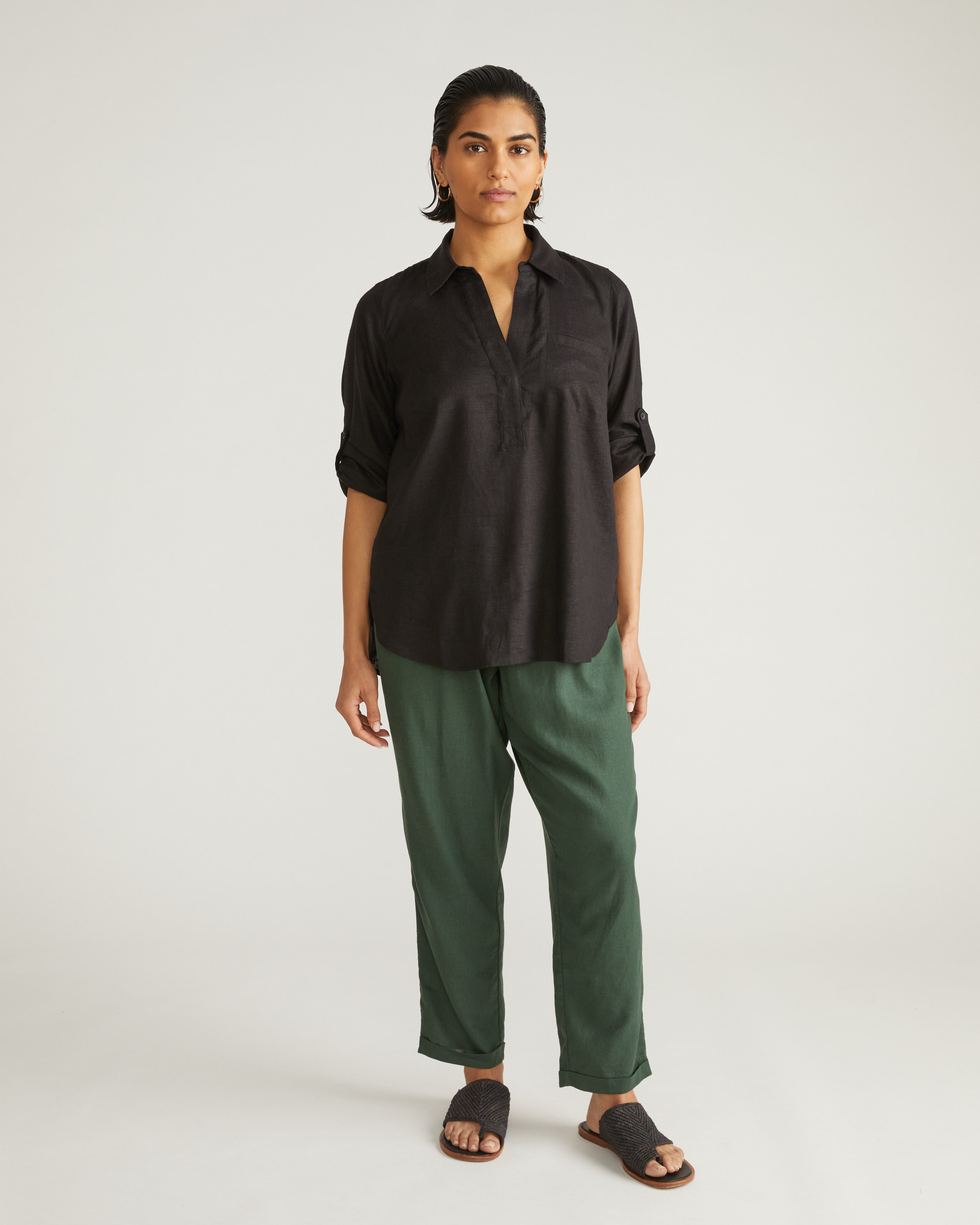 Button Back Linen Polo Shirt - Black – Universal Standard