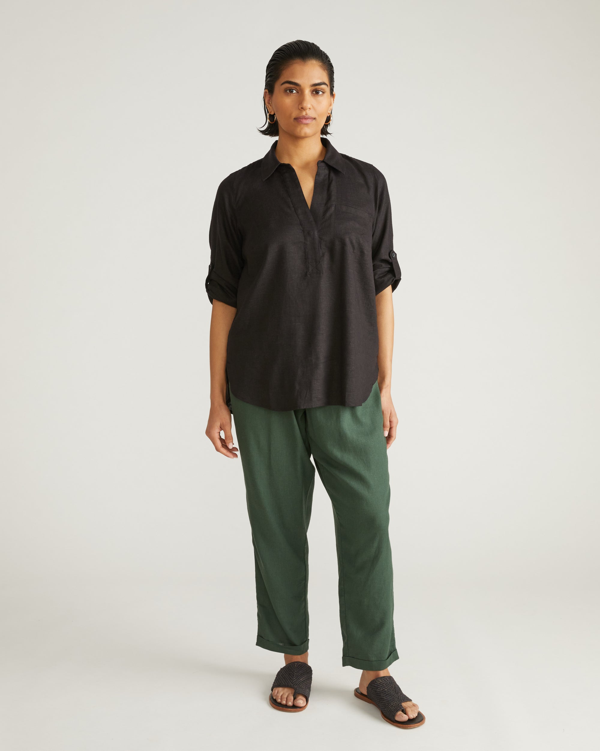 Button Back Linen Blend Polo Shirt - Black | Plus Size & Straight Size Women's Fashion | Universal Standard