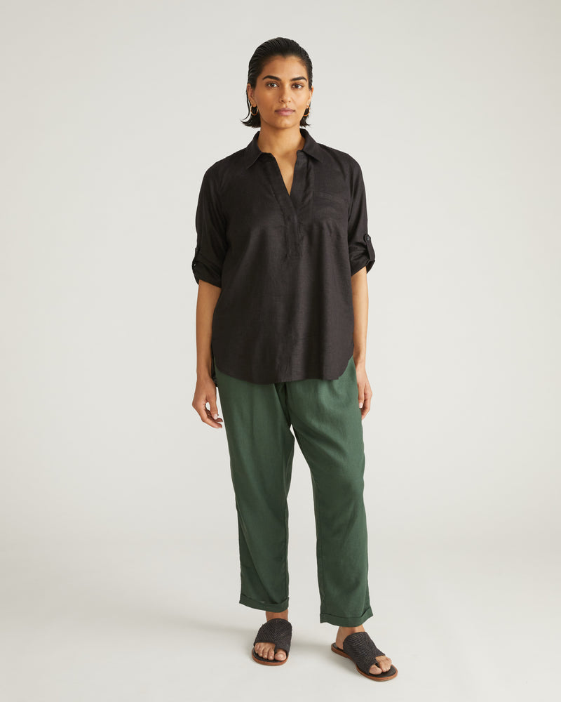 Button Back Linen Polo Shirt - Black