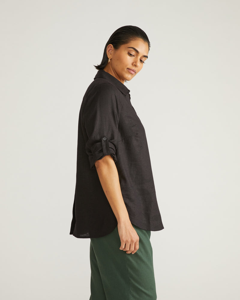 Button Back Linen Polo Shirt - Black