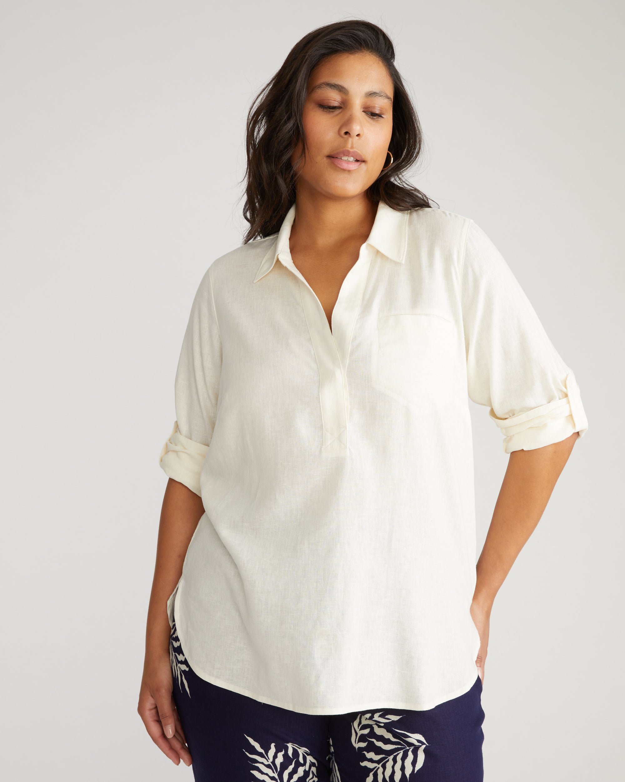 Button Back Linen Blend Polo Shirt - Natural White | Plus Size & Straight Size Women's Fashion | Universal Standard