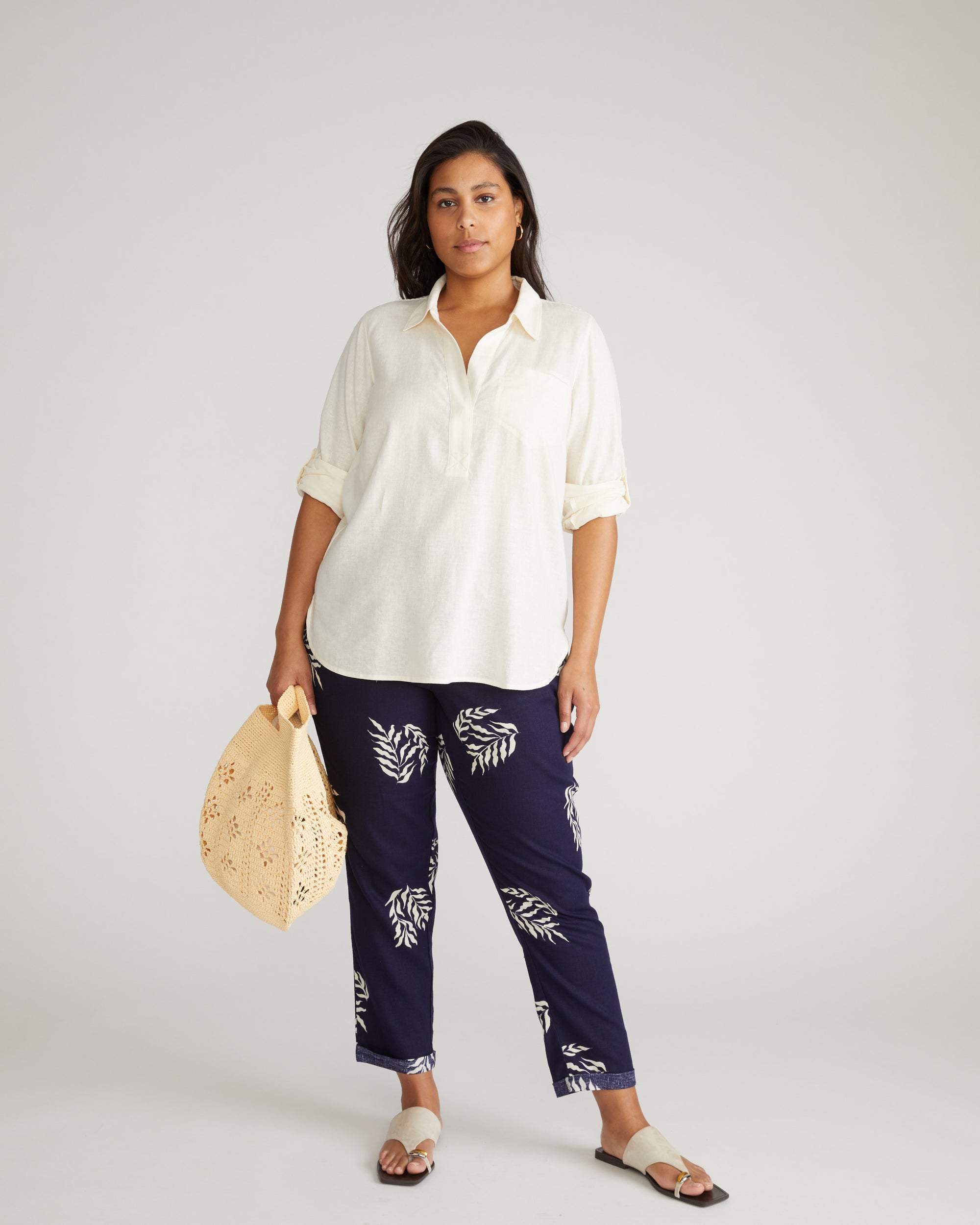 Button Back Linen Blend Polo Shirt - Natural White | Plus Size & Straight Size Women's Fashion | Universal Standard