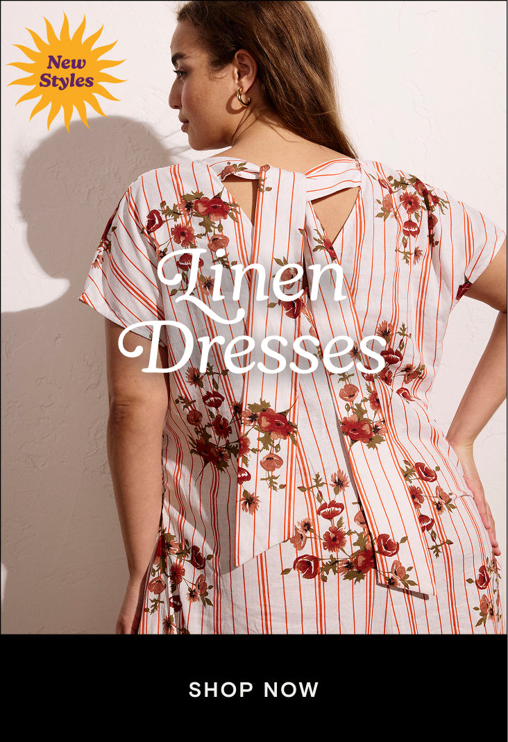 model wearing white and floral dress with shop now button linking to all linen dresses