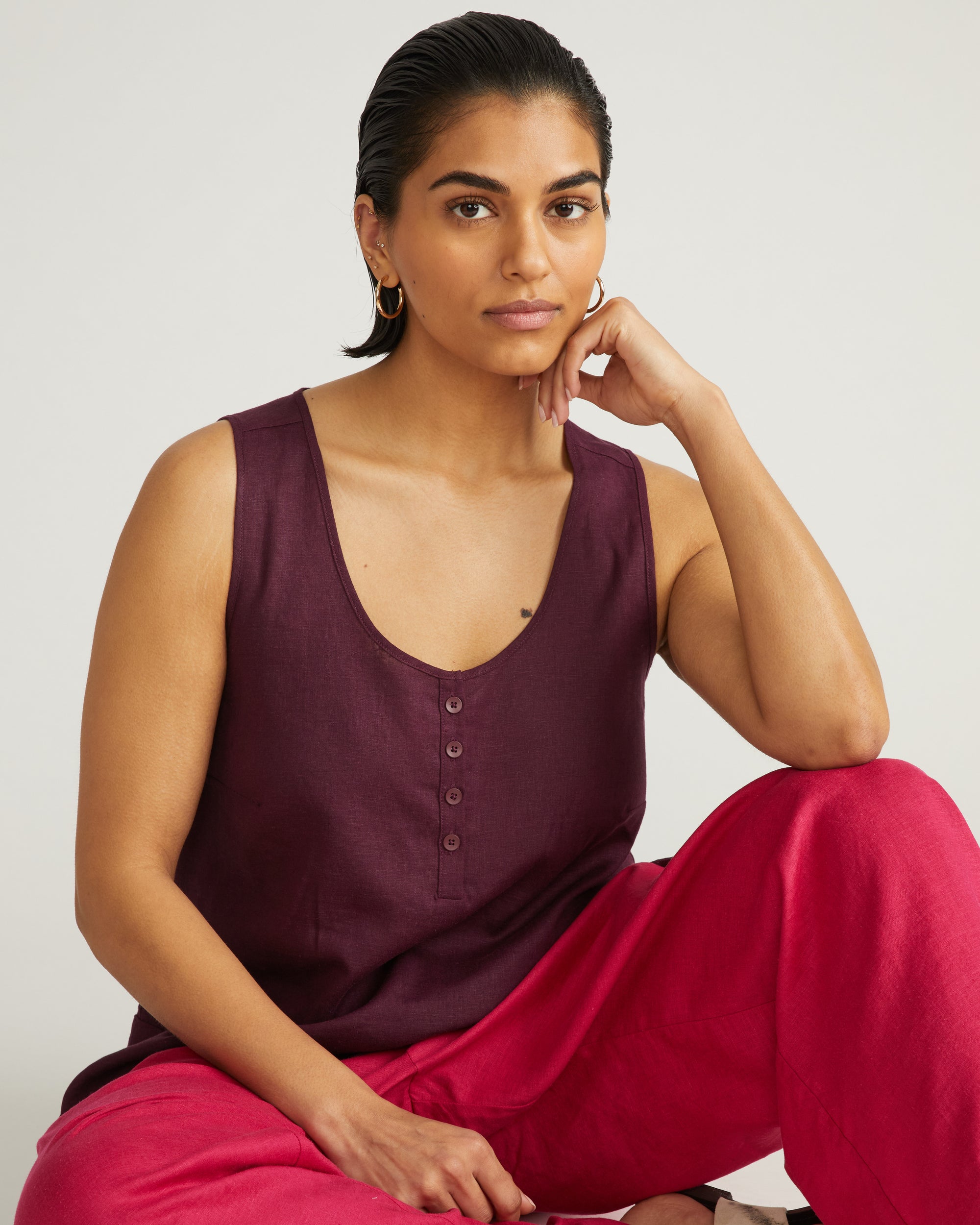 Henley Linen Tank - Acai