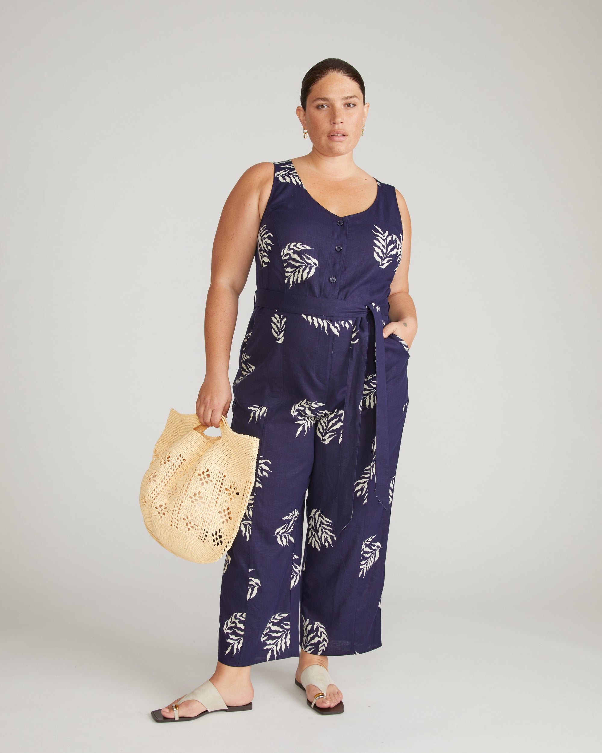 Matilda Linen Jumpsuit - Beachgrass Print in Navy
