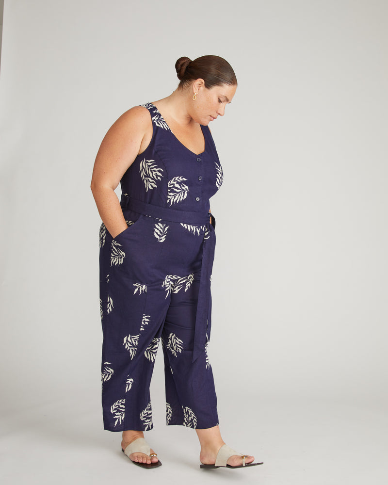 Matilda Linen Jumpsuit - Beachgrass Print in Navy