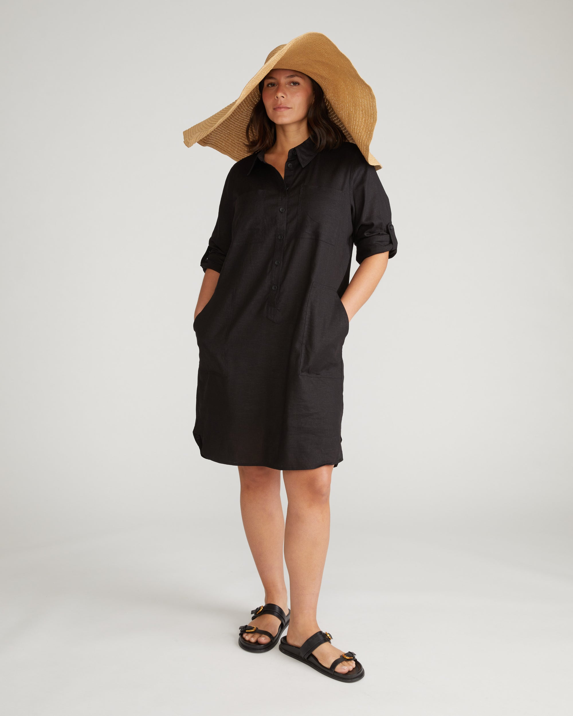Woman wearing Linen Rubicon Shirtdress - Black from Universal Standard