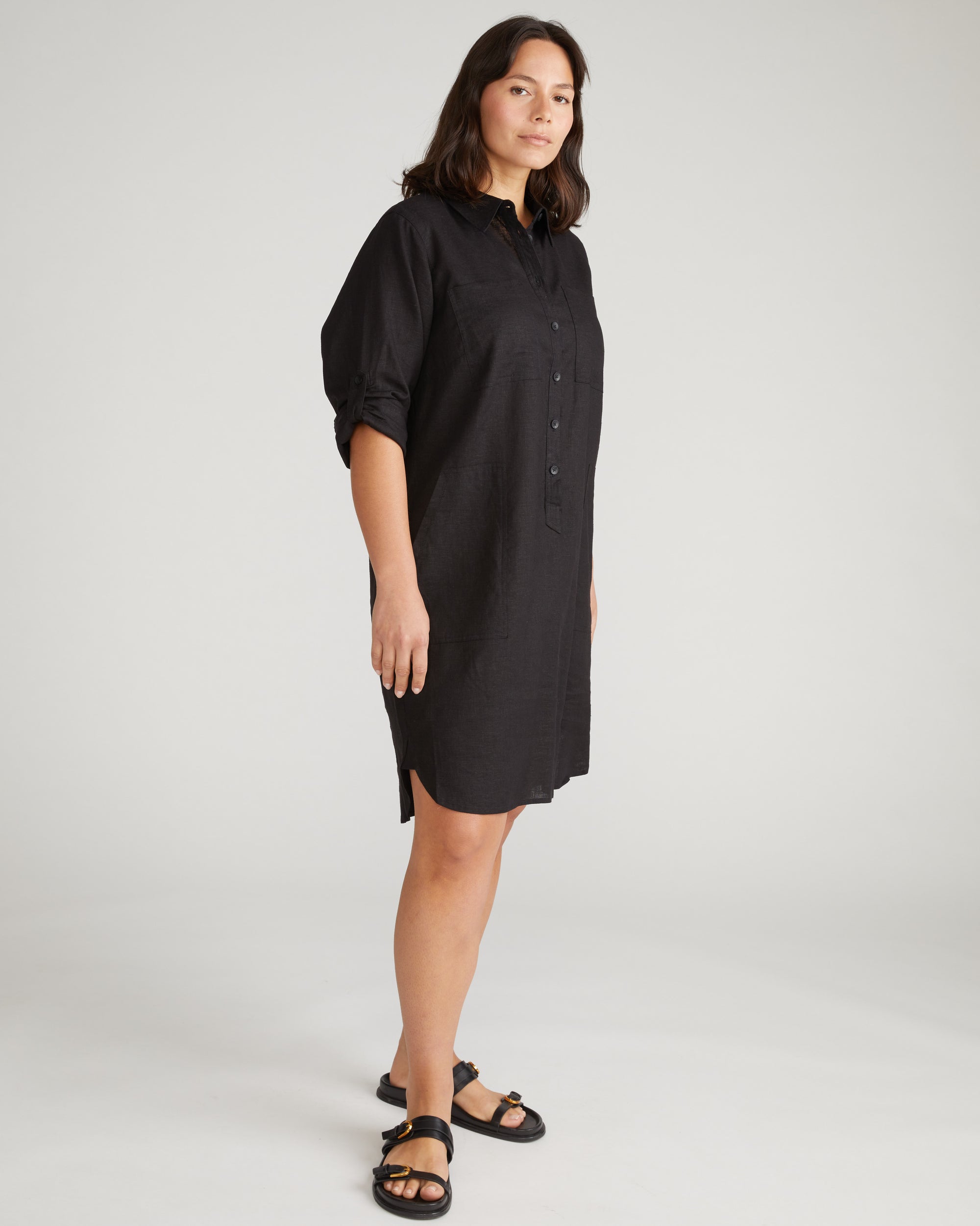 Woman wearing Linen Rubicon Shirtdress - Black from Universal Standard