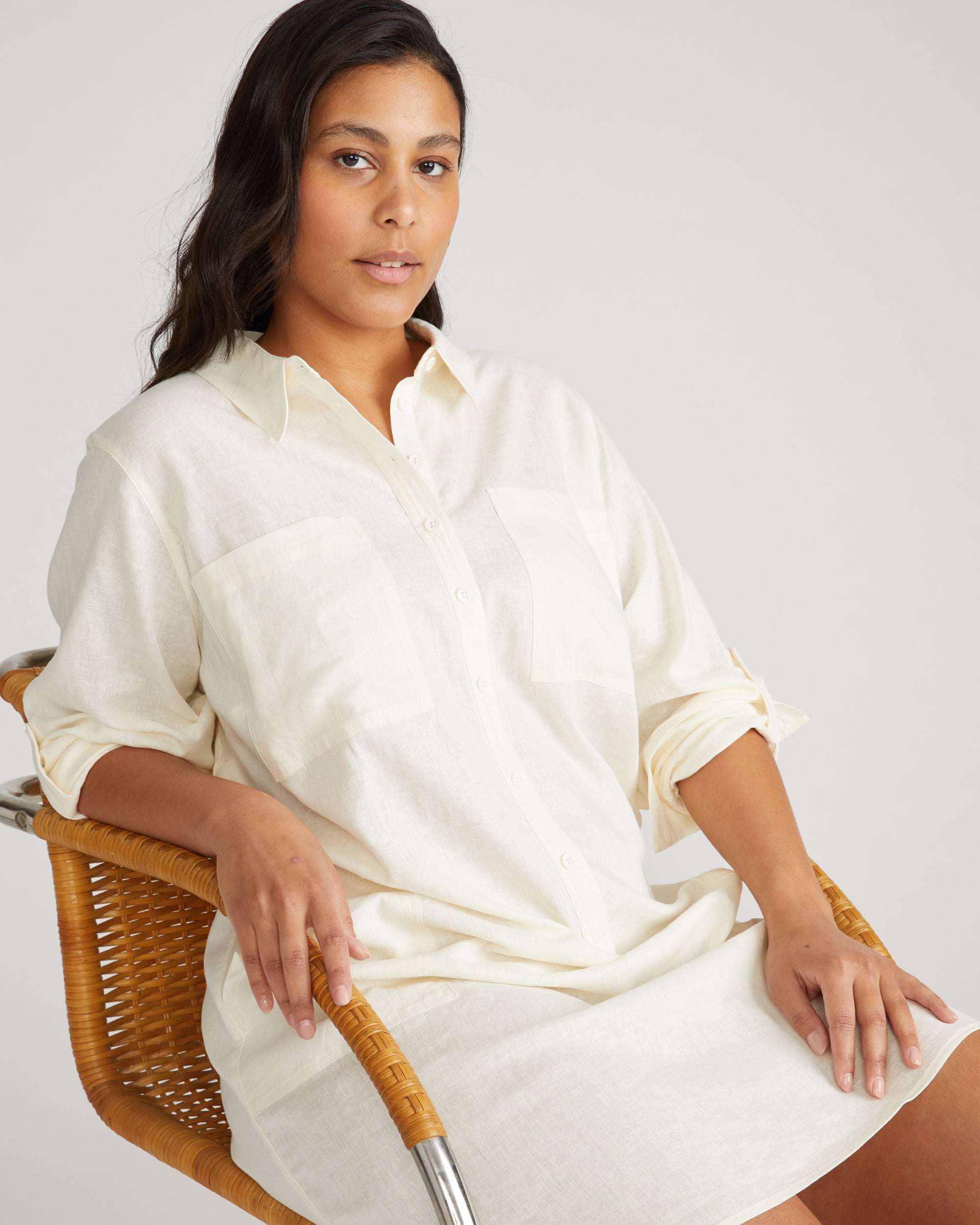 Woman wearing Linen Rubicon Shirtdress - Natural White from Universal Standard