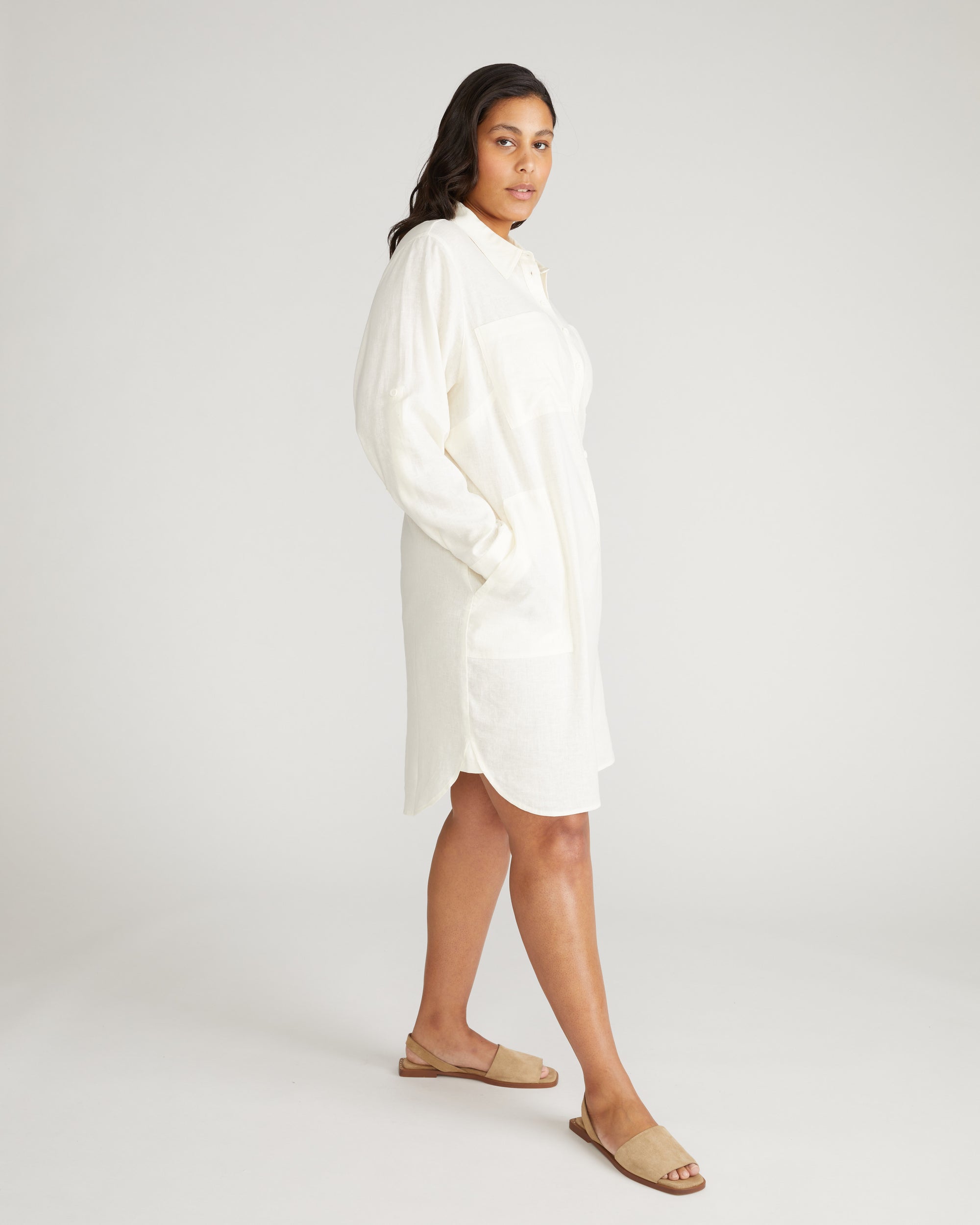 Woman wearing Linen Rubicon Shirtdress - Natural White from Universal Standard