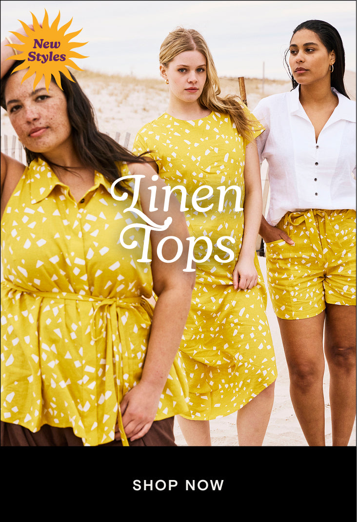 three models wearing yellow tops with shop now button linking to all linen tops