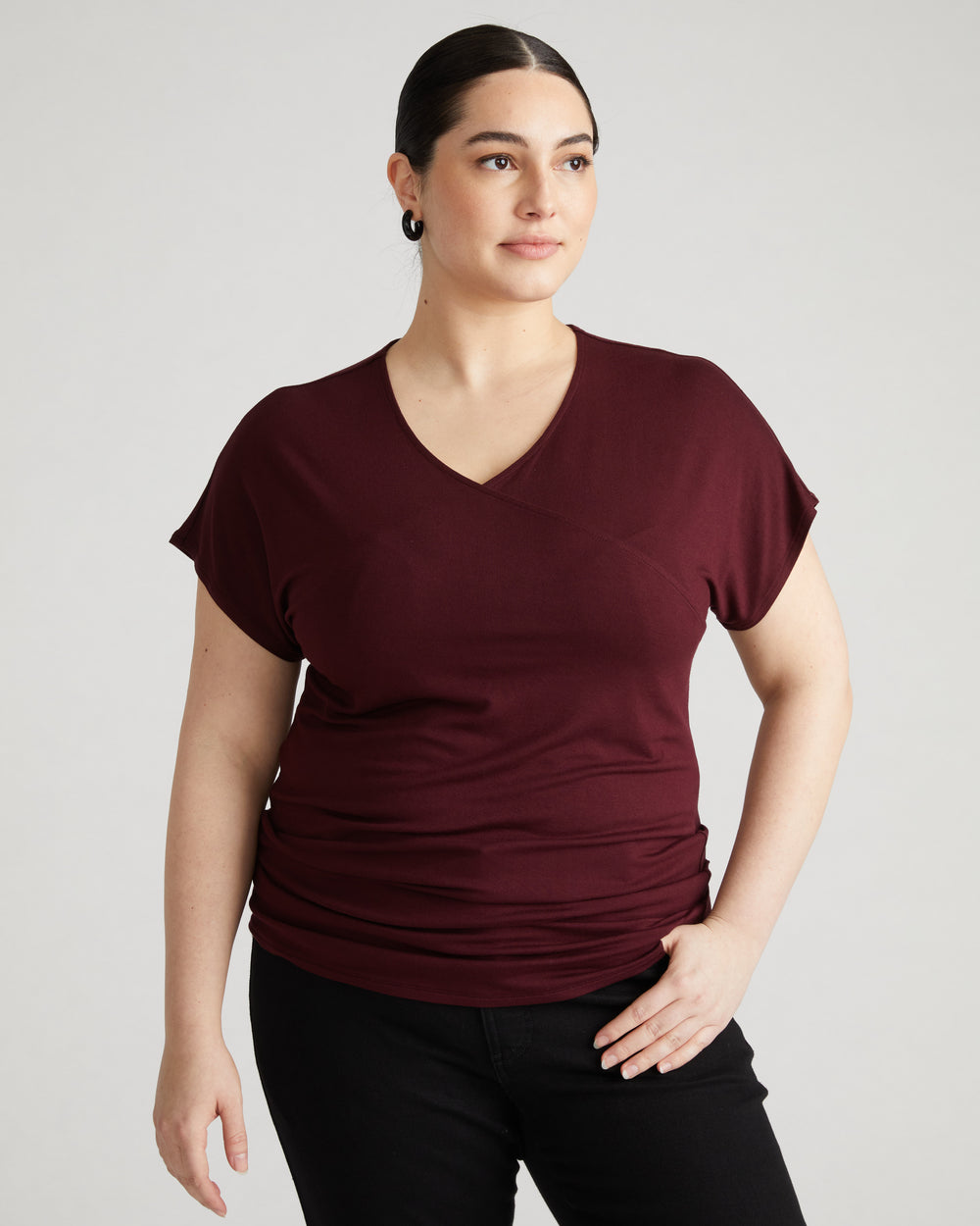 Liquid Jersey Two-Way Short Sleeve Cross Top - Black Cherry