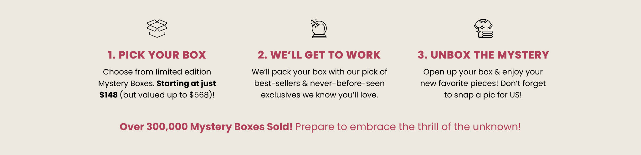 how mystery box works. 1 pick your box 2 we'll get to work 3 unbox the mystery. over 300,000 boxes sold, prepare to embrace the thrill of the unknown.