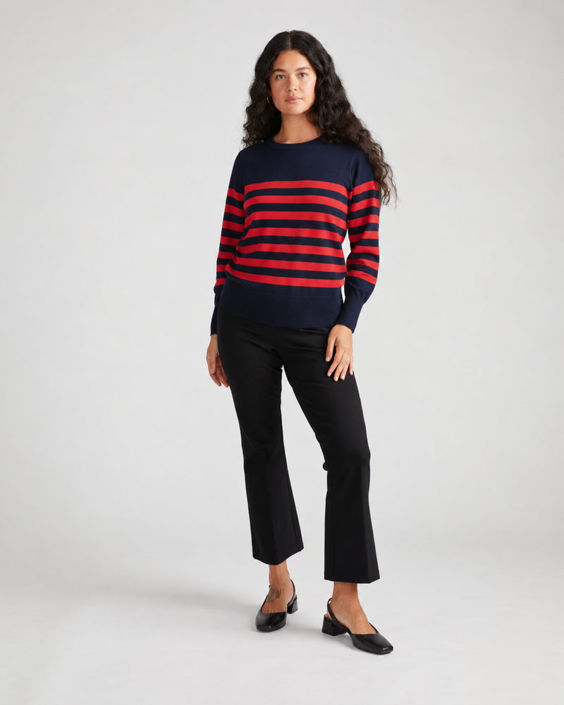 Savvy Fine Knit Crew Sweater - Navy/Red Stripes
