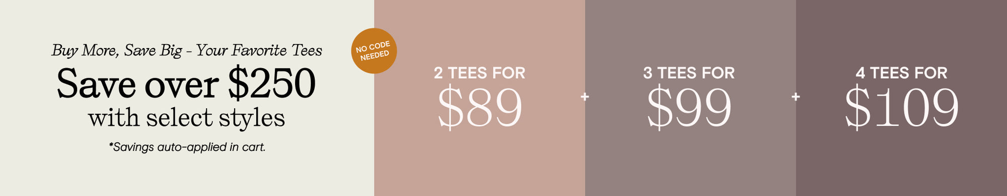buy more save big your favorite tees - save over $250 with select styles - savings auto-applied at cart. 2 tees for 89. 3 tees for 99. 4 tees for 109. No code needed.
