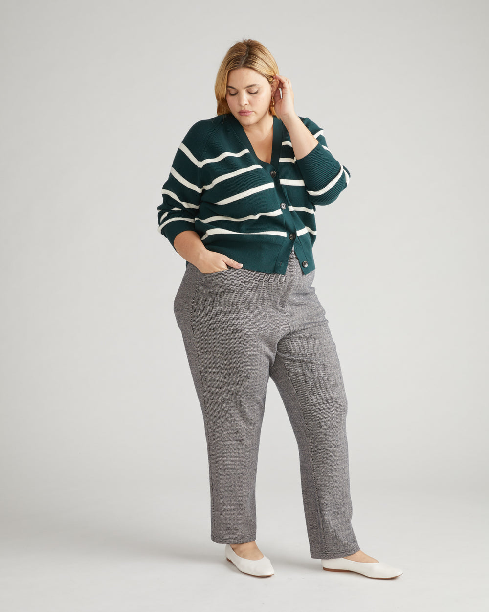 Long Cigarette Ponte Pants - Herringbone Tweed