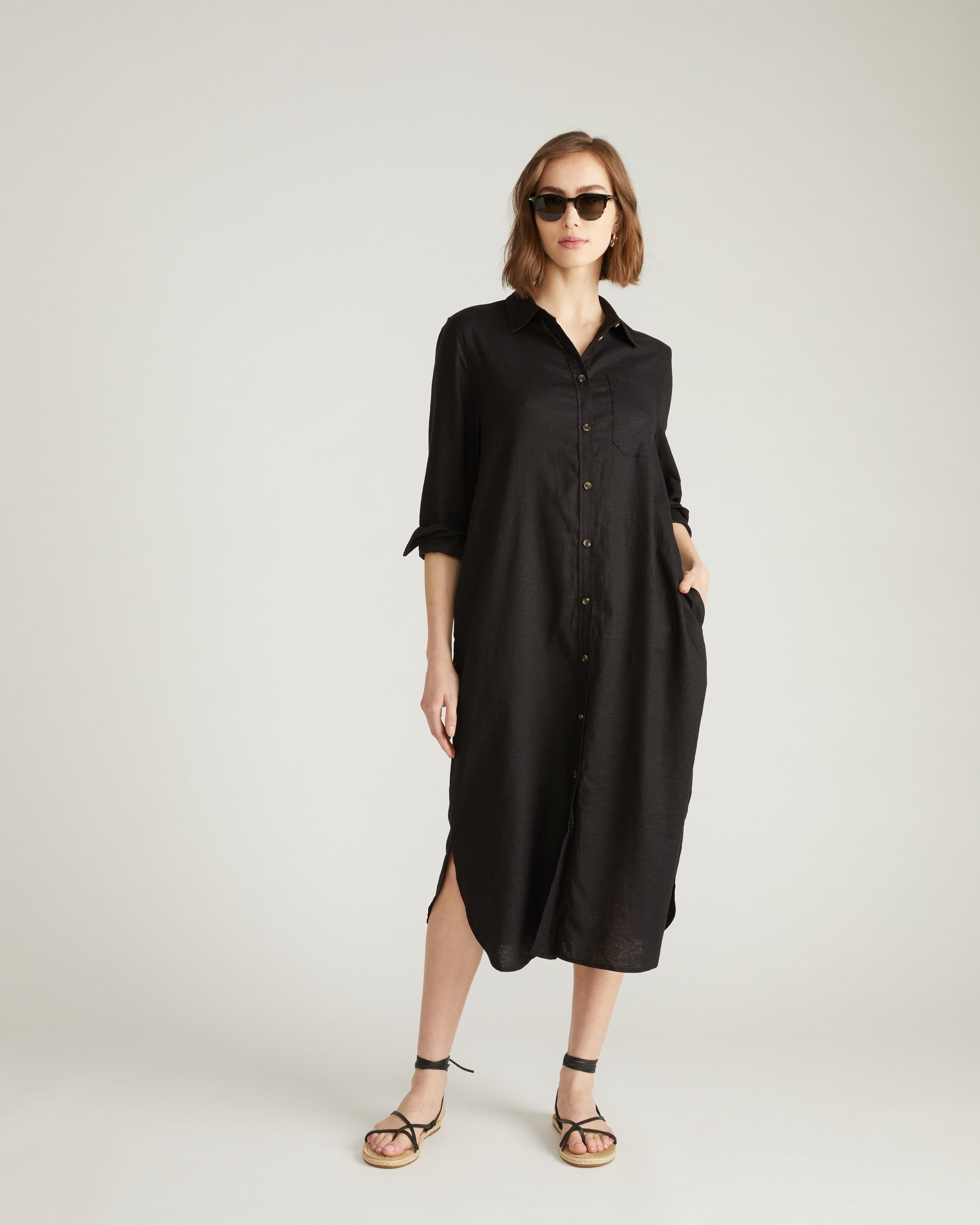 Woman wearing Odeon Linen Shirtdress - Black from Universal Standard