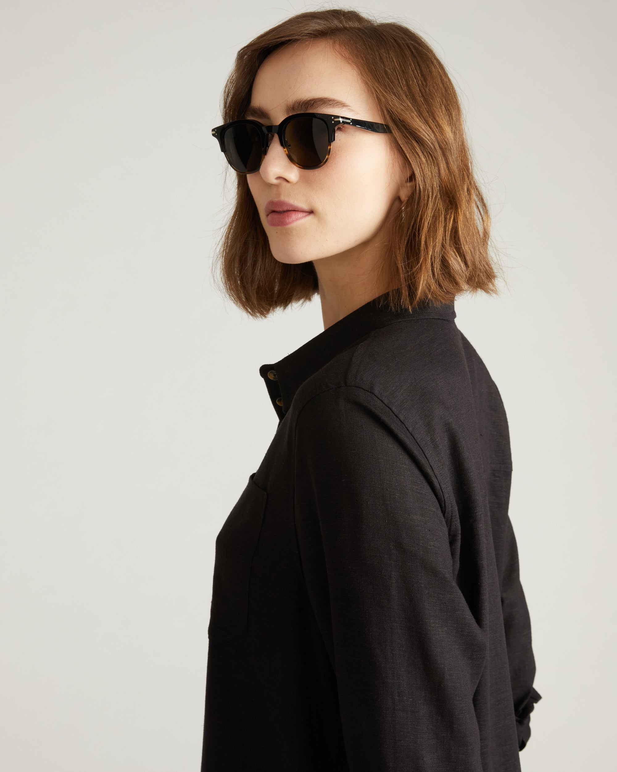 Woman wearing Odeon Linen Shirtdress - Black from Universal Standard