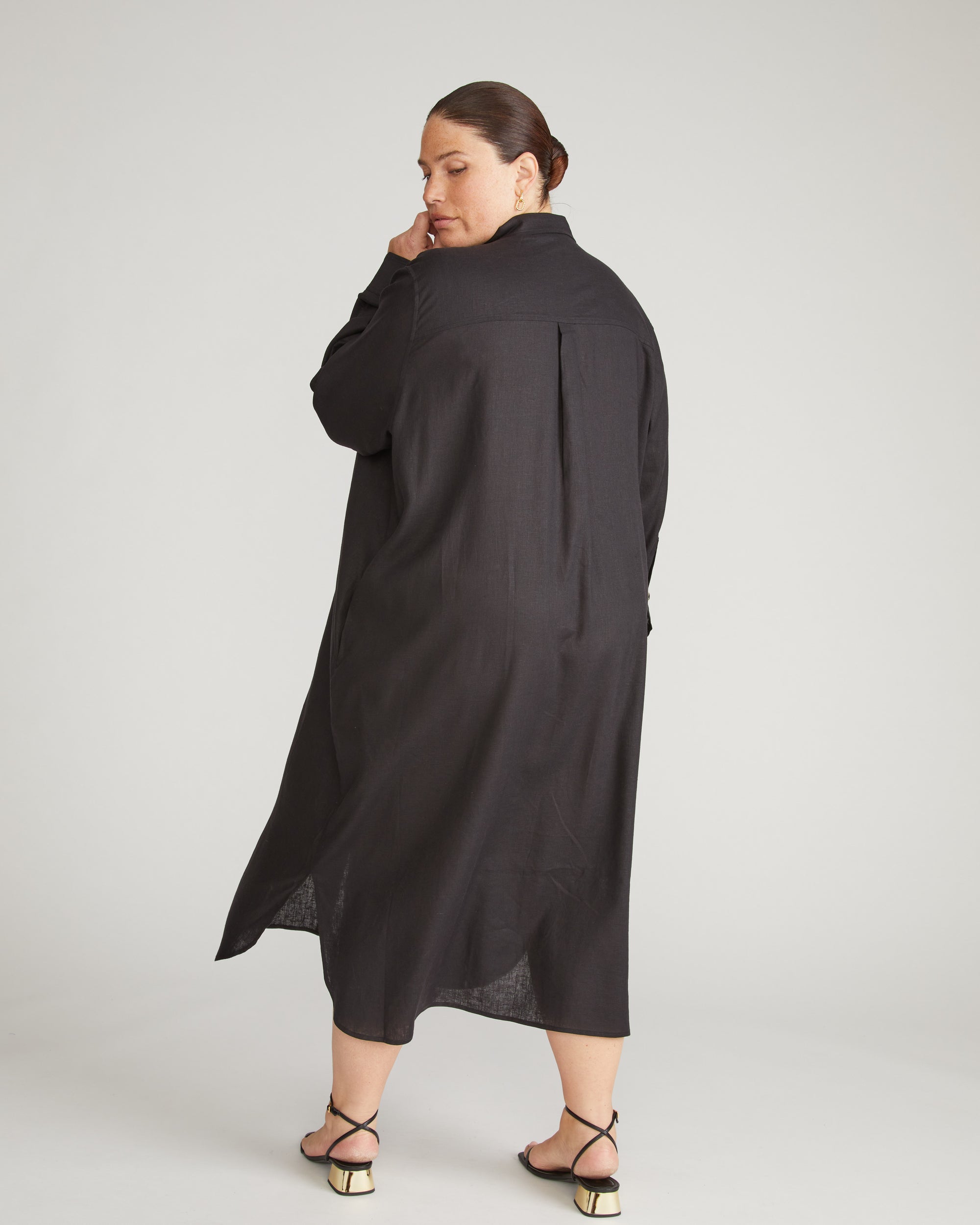 Woman wearing Odeon Linen Shirtdress - Black from Universal Standard