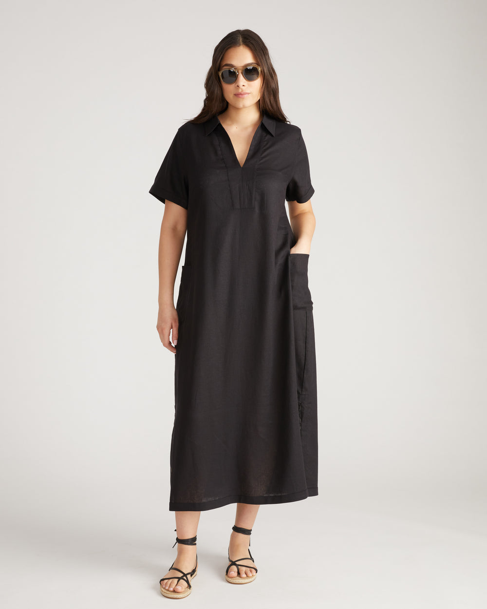 Padma Polo Neck Linen Dress - Black