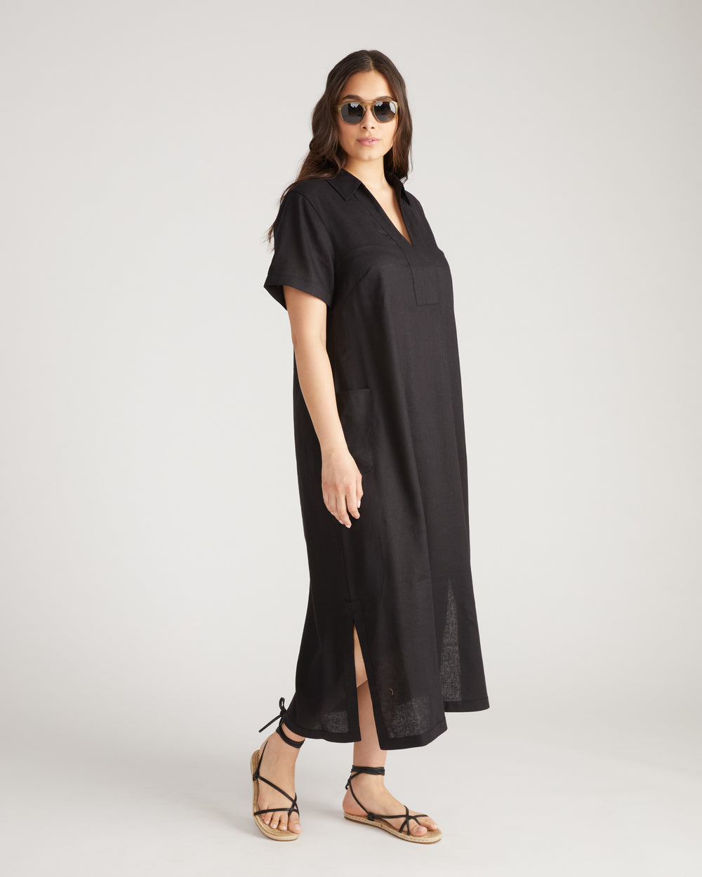 Padma Polo Neck Linen Dress - Black