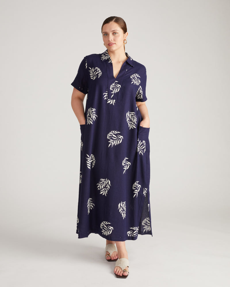 Padma Polo Neck Linen Dress - Beachgrass Print in Navy