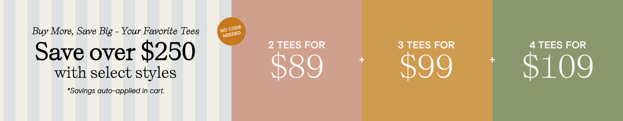 buy more save big your favorite tees - save over $250 with select styles - savings auto-applied at cart. 2 tees for 89. 3 tees for 99. 4 tees for 109. No code needed.