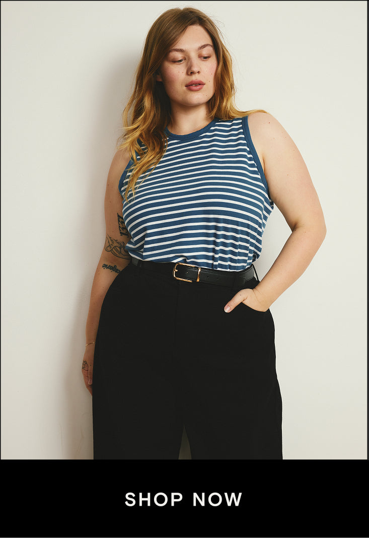 model wearing blue and white striped tank with shop now button that links to tanks in the effortless summer styles collection