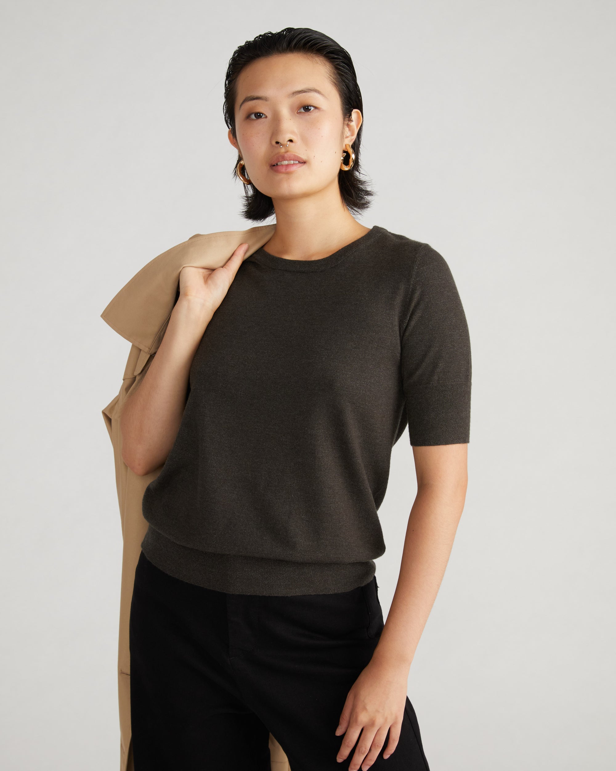 Woman wearing Savvy Fine Knit Sweater Top - Graphite from Overstock Sale
