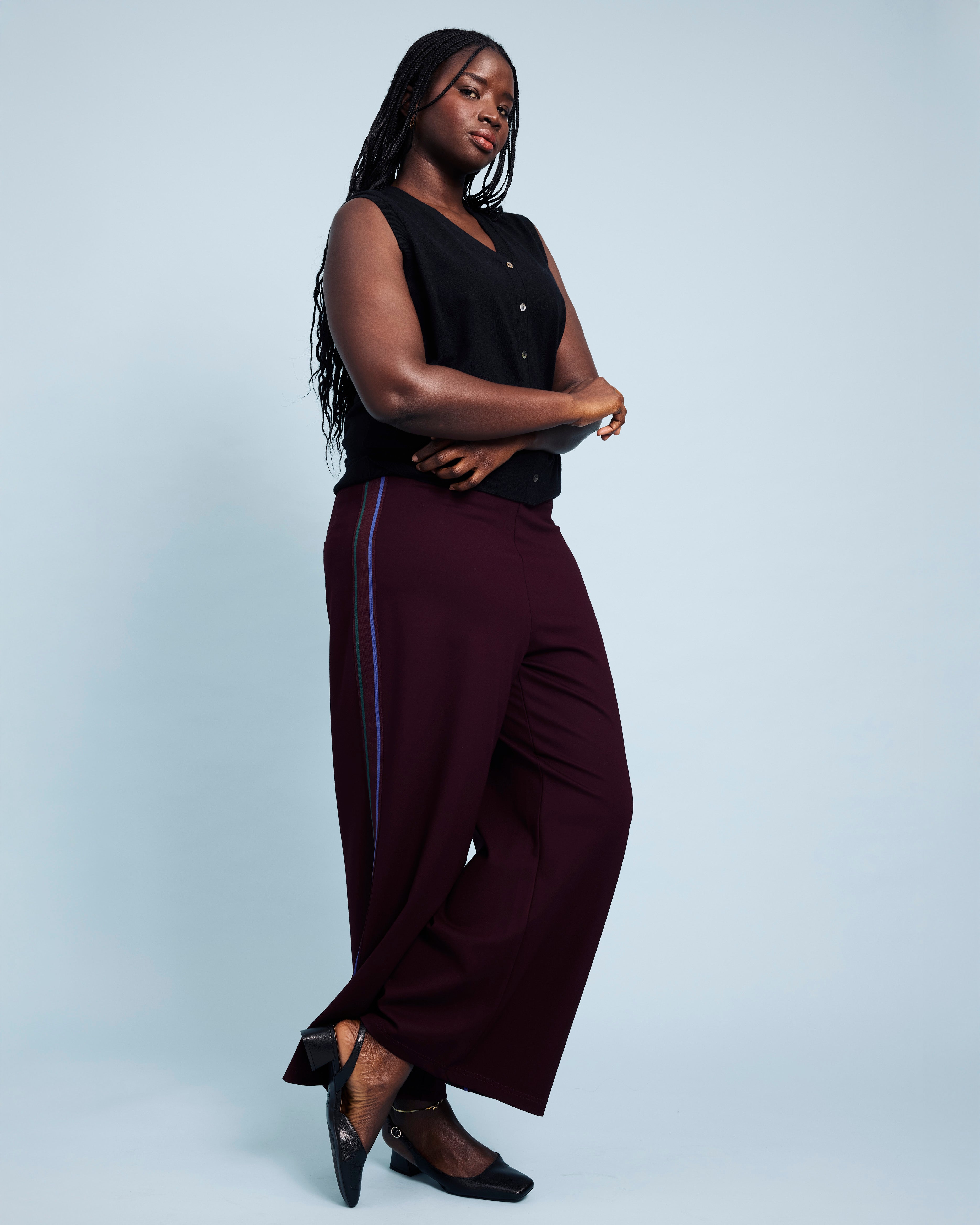 Stephanie Wide Leg Stripe Ponte Pants 30 Inch - Black Cherry with